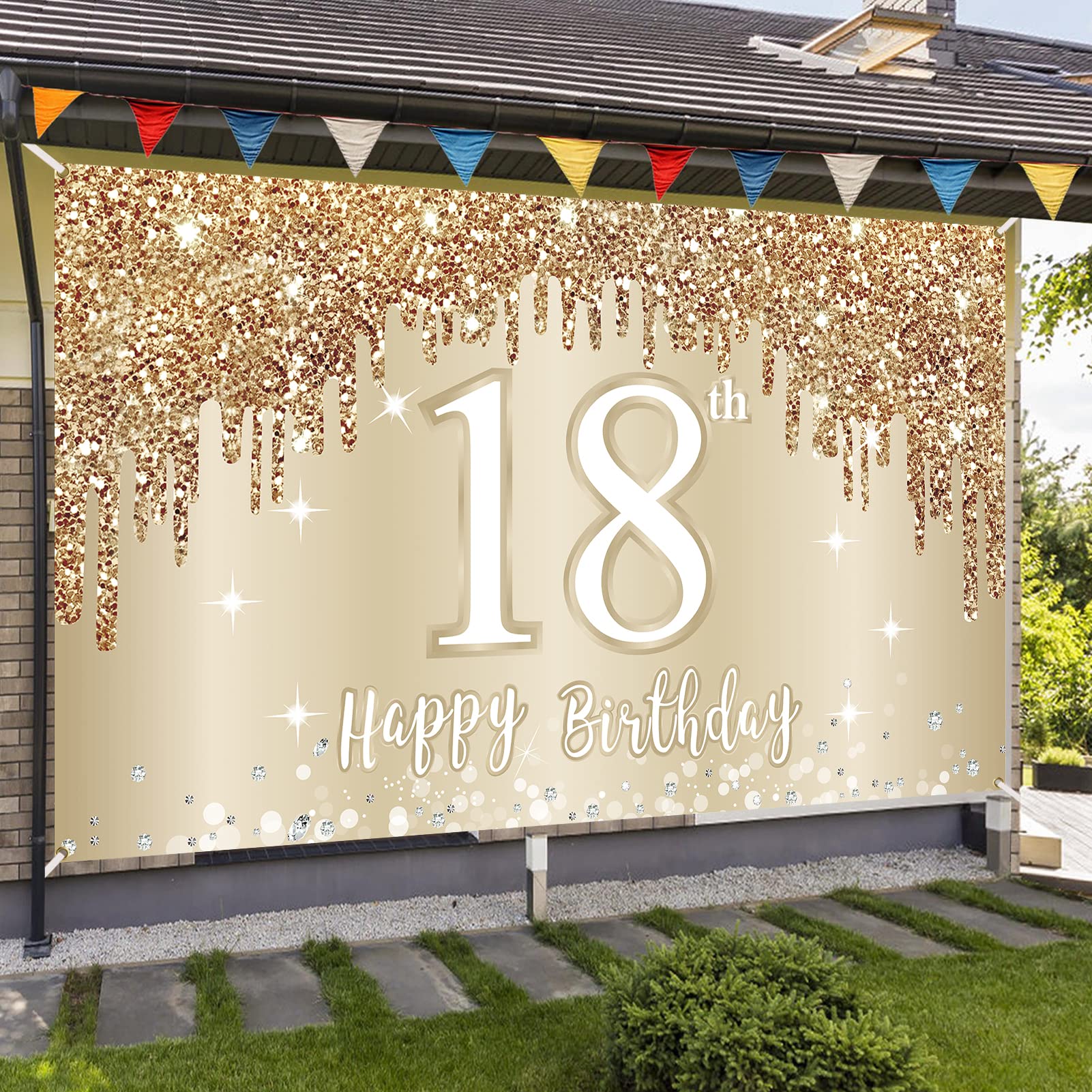Happy 18Th Birthday Banner Backdrop Decorations For Girls, Gold White Sweet 18 Birthday Sign Party Supplies, Eighteen Year Old B