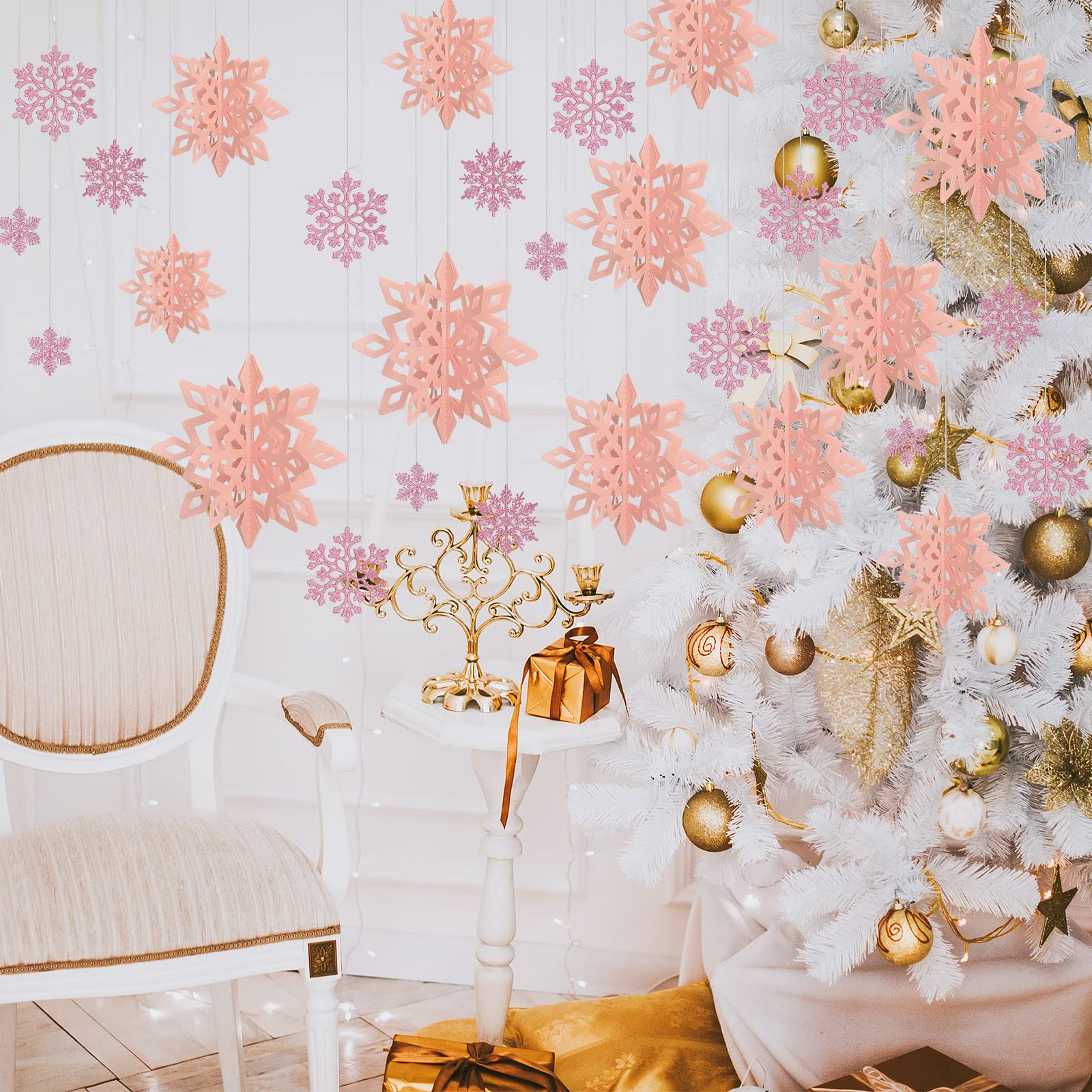 Outus 42 Pcs Winter Christmas Party Decorations 3D Snowflake Hanging Decoration Set 3D Hanging Snowflake Decor Pendant for Chris