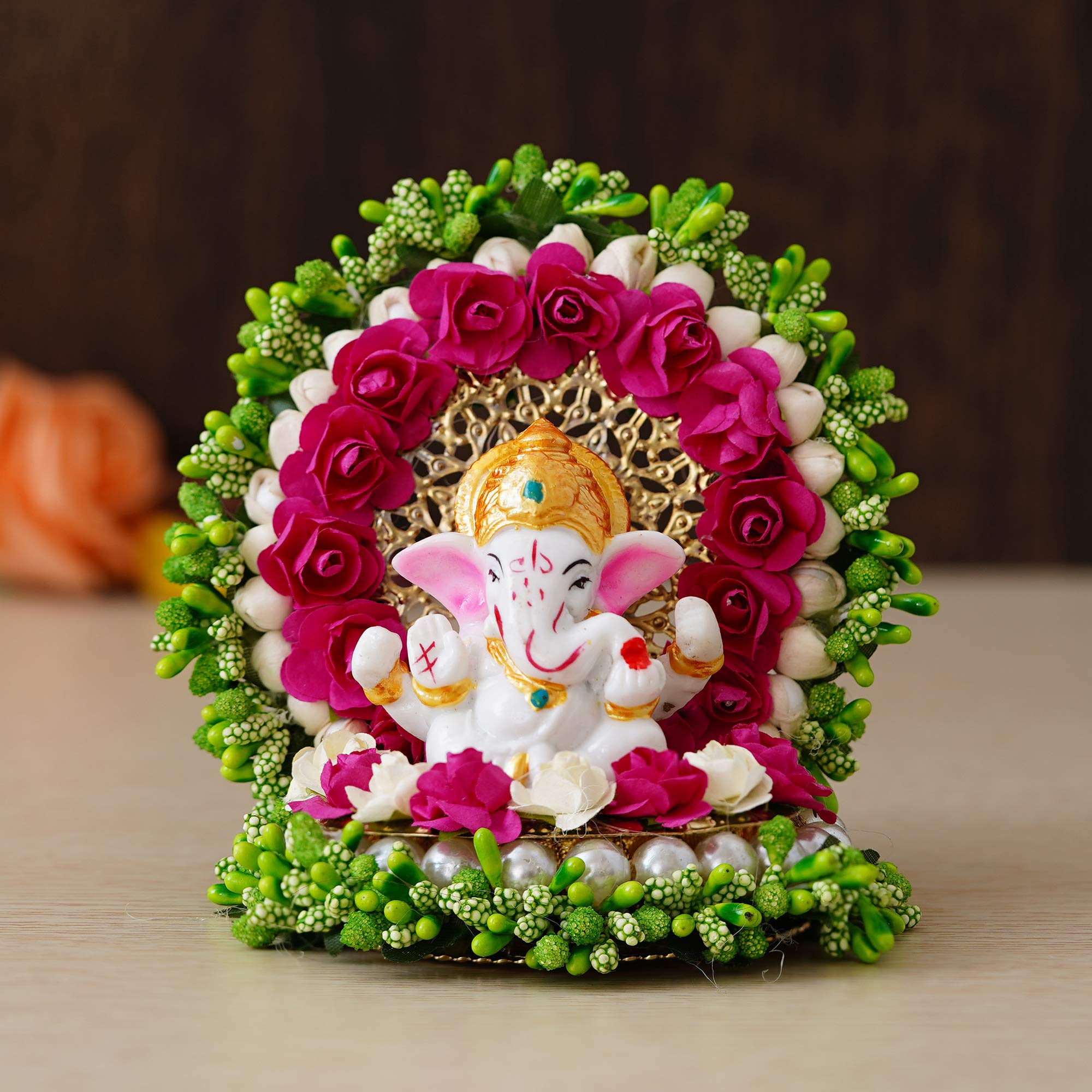 Ecraftindia Resin Lord Ganesha Idol On Decorative Green Pink Floral Plate| Ganesha Idol For Home Decor Car Dashboard| Ganesha St
