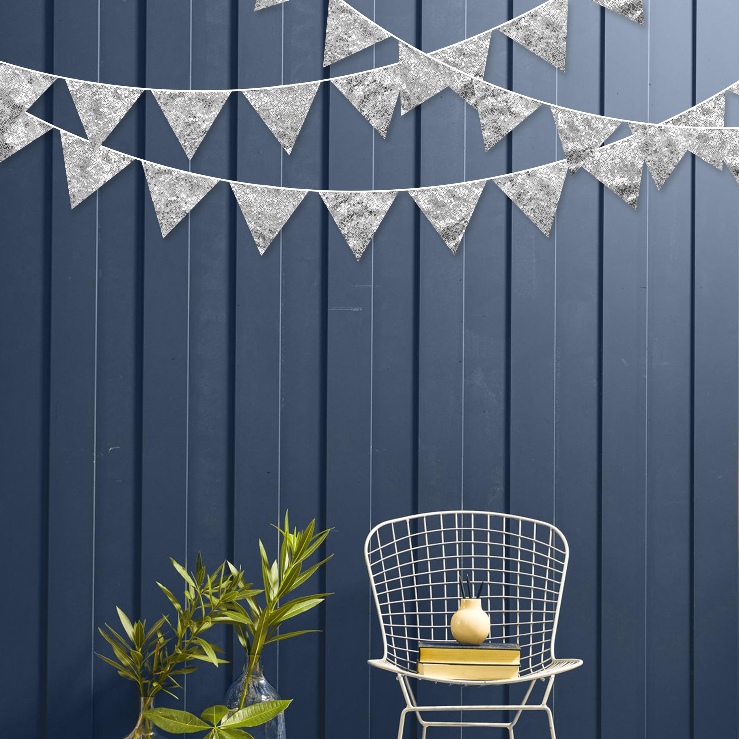 Pinkblume Silver Decorations Double Sided Silver Sequin Fabric Triangle Pennant Banner Flag Bunting Garland For Silver Theme Nur