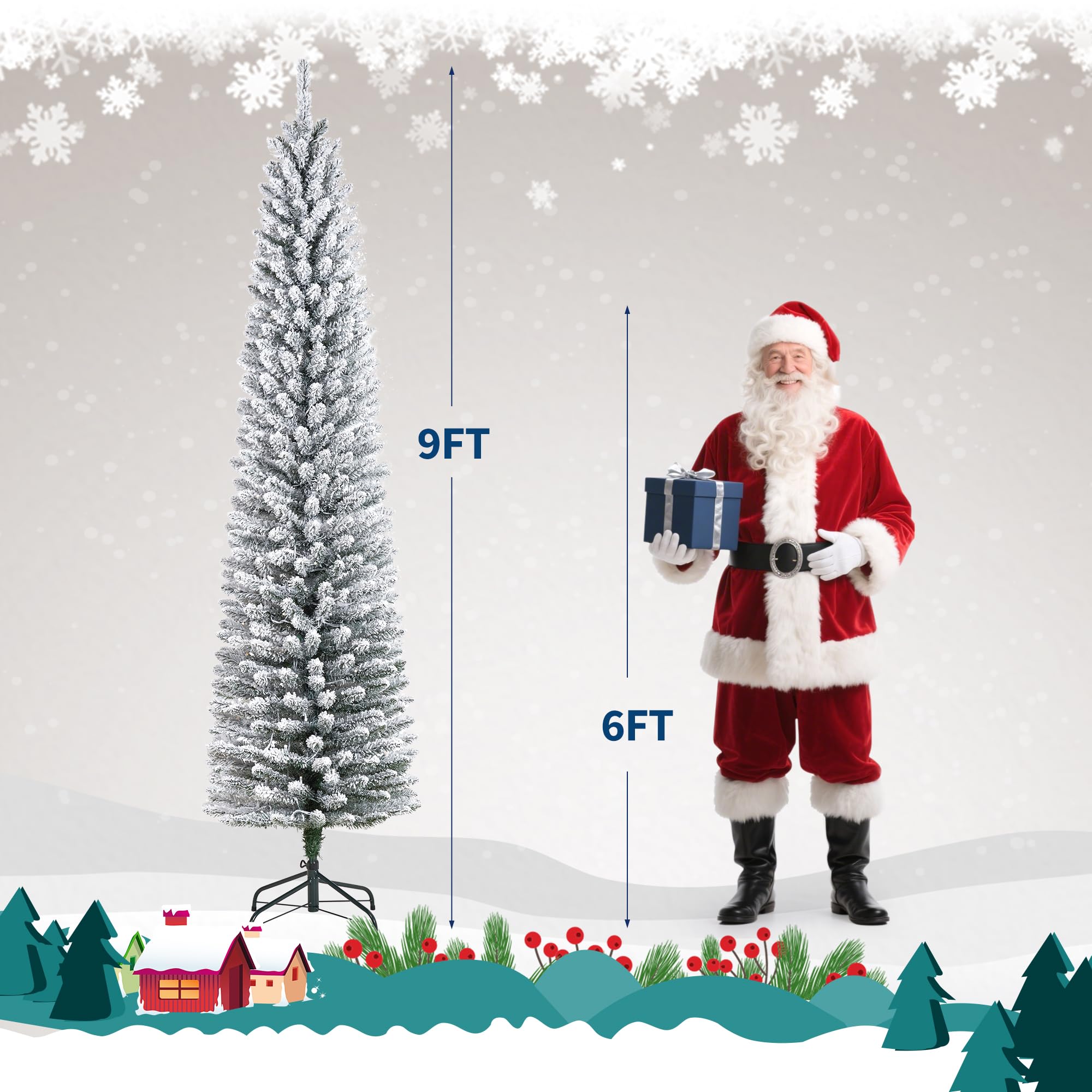 9Ft Pre-Lit Snow Flocked Pencil Christmas Tree, Fir Hinged Slim Skinny Corner Xmas Tree with 310 Incandescent Warm White Lights