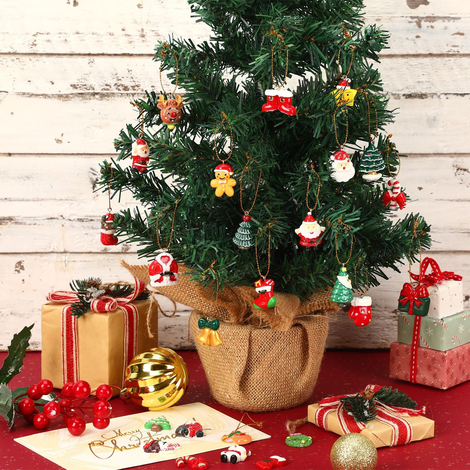 DTOFOOT 48PCS Mini Resin Christmas Ornaments Tiny Christmas Hanging Ornaments for Tree Xmas Miniatures Figurines Charms with Str