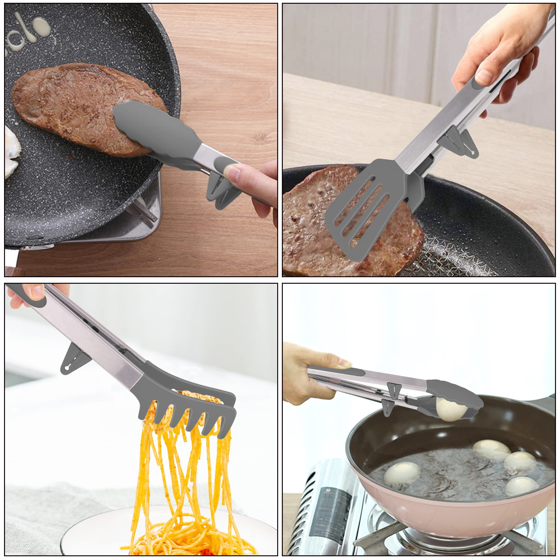 4in1 Stainless Steel Kitchen Food Tongs Set for Cooking with BPA Free Silicone Tips  Toaster Steak Pie Pizza Pasta Spaghetti Noodles Salad Fruit Vegetable Grill BBQ Buffet Clamp Serving Tools Gadgets