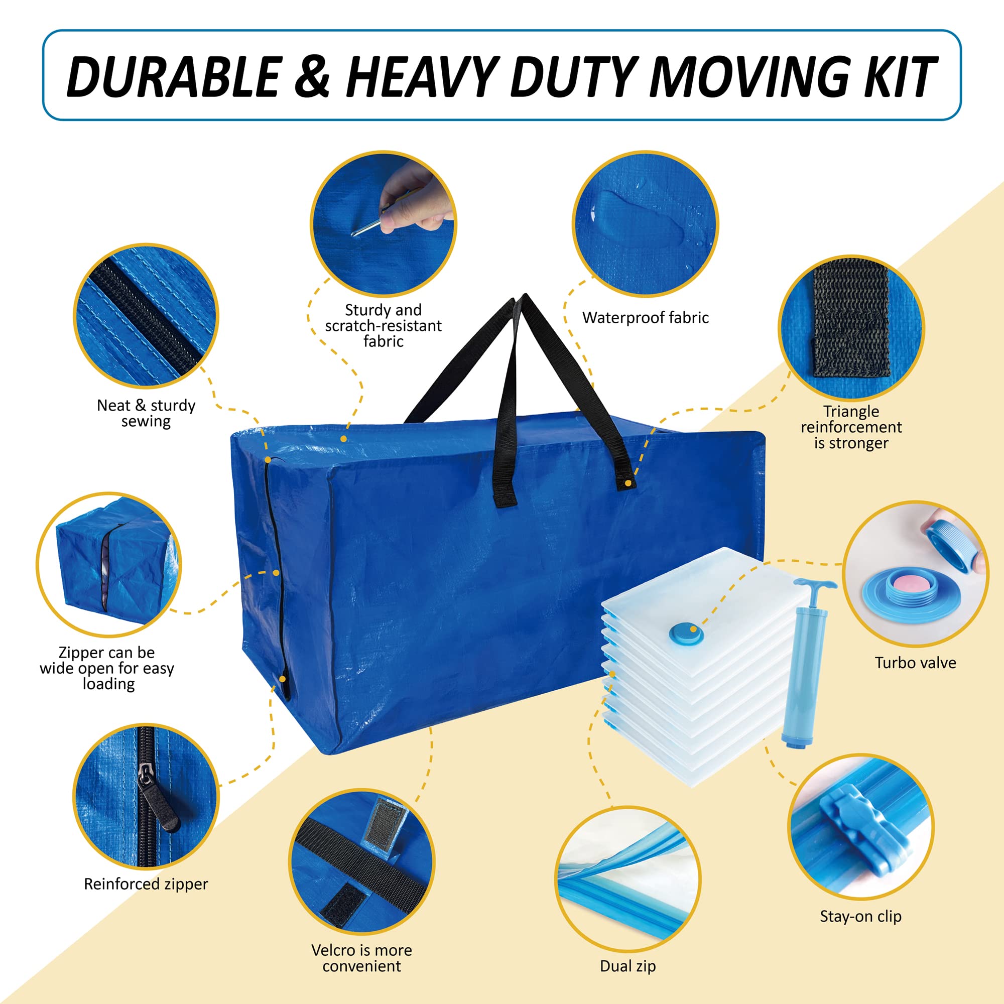 16 Pack Heavy Duty Extra Large Moving Bags with Backpack Straps & Large Vacuum Storage Bags Moving Supply Combo  Moving Totes with Handles & Zippers for Space Saving  Fold Flat  Includes Vacuum Bags