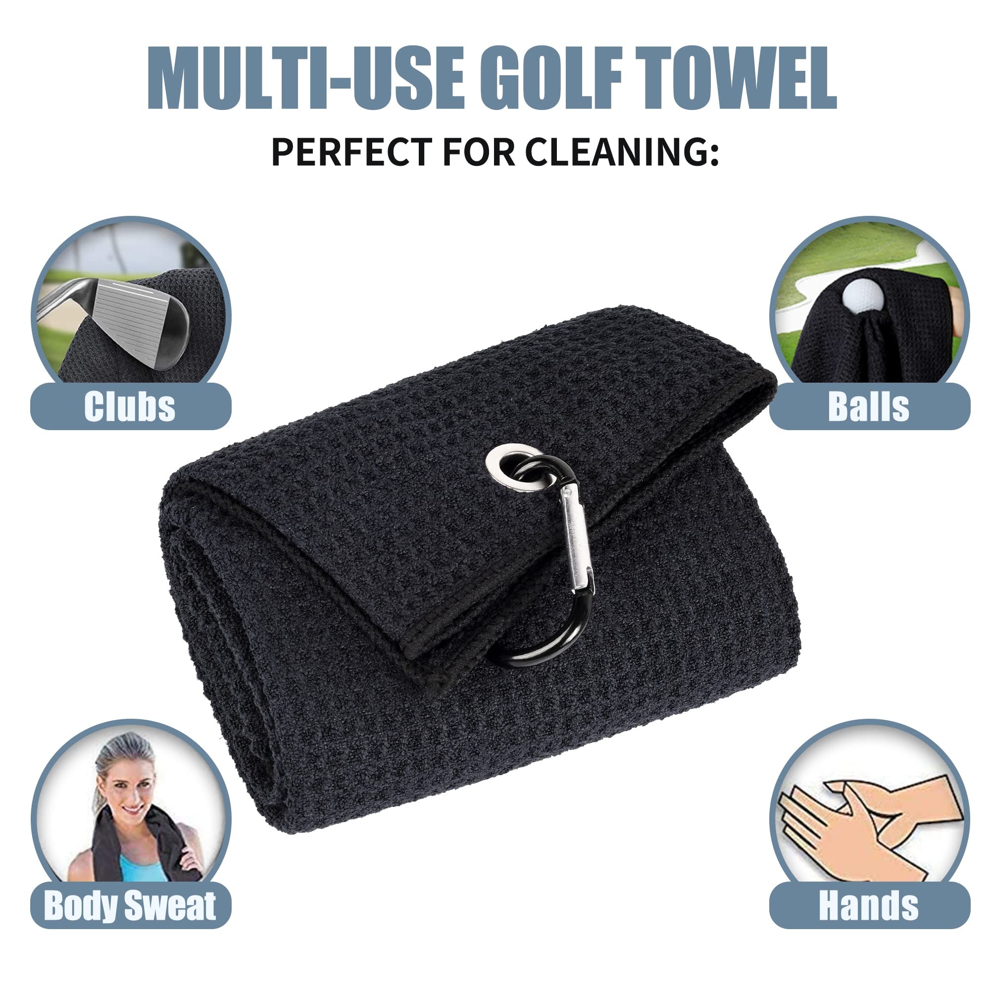 Mile High Life Tri-fold Golf Towel  Premium Microfiber Fabric  Waffle Pattern  with Heavy Duty Carabiner Clip  Black Golf Towel for Men and Women  16x21 (Black)