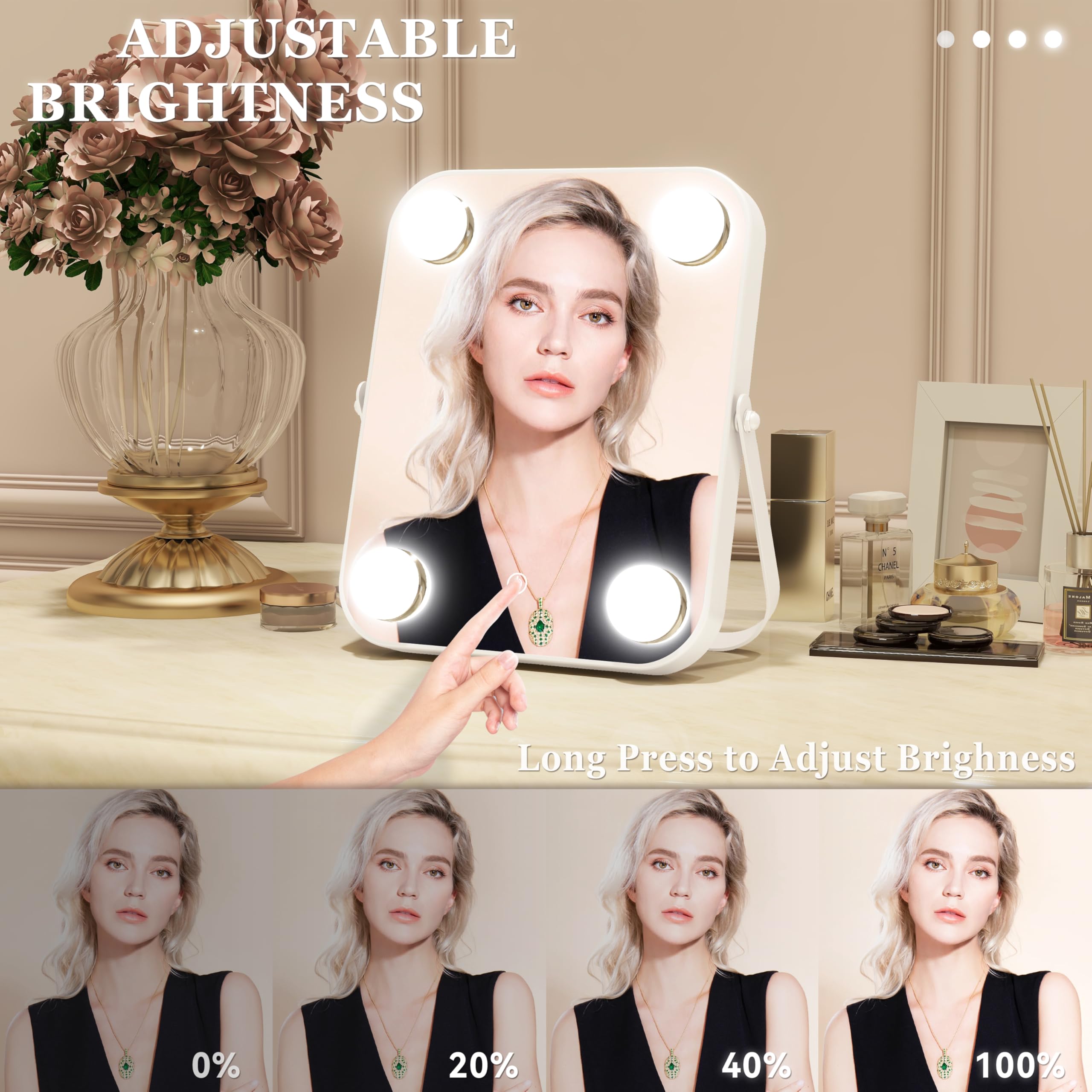 Rolove 8''X10'' Lighted Vanity Mirror, Makeup Mirror With Light, Dimmable Touch Screen, Portable Travel Mirror With U-Shaped Bra