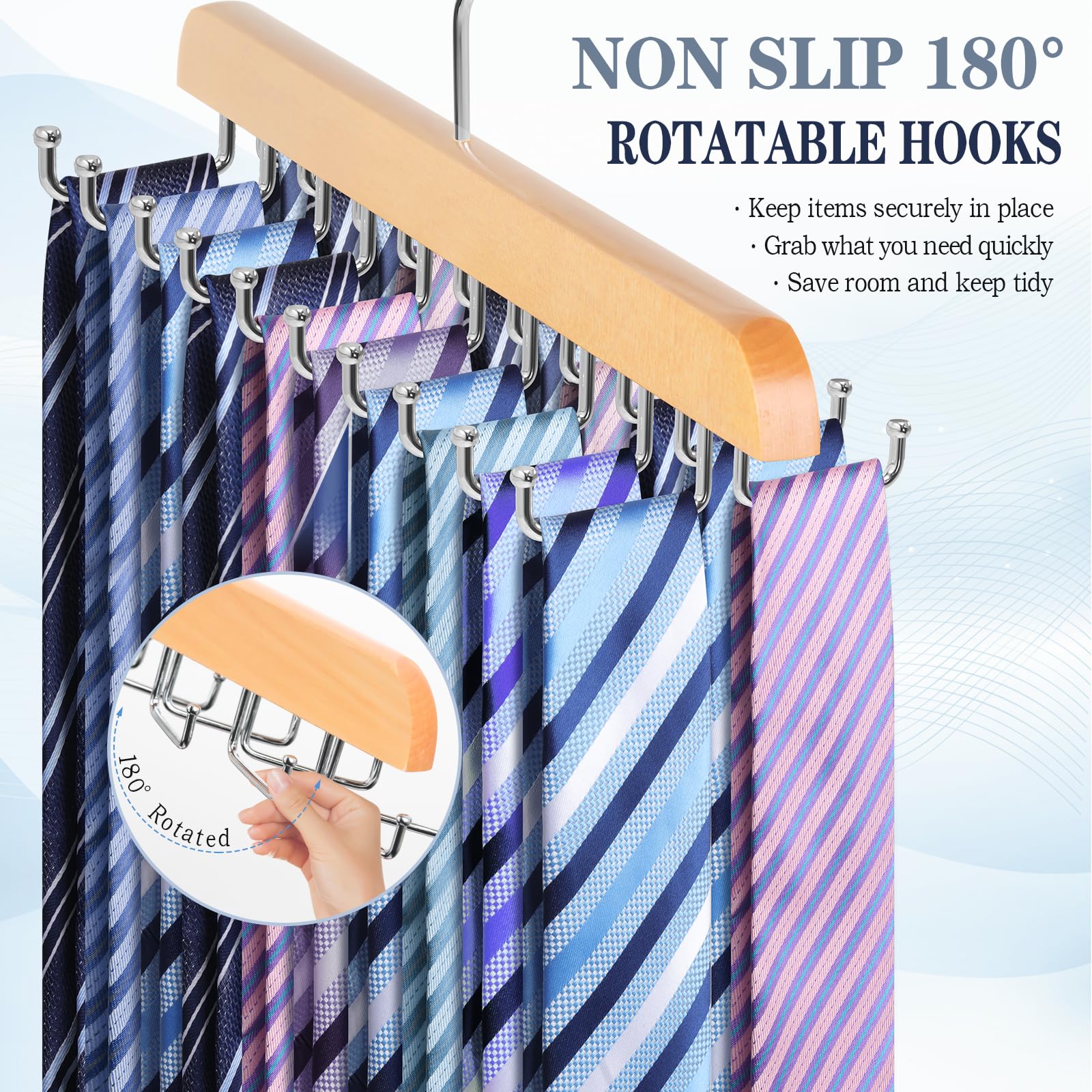 Tie Rack Belt Hanger For Closet, Fitnice Upgraded Non Slip Tie Hanger Space Saving With 20 Foldable Hooks Wooden Belt Tie Organi