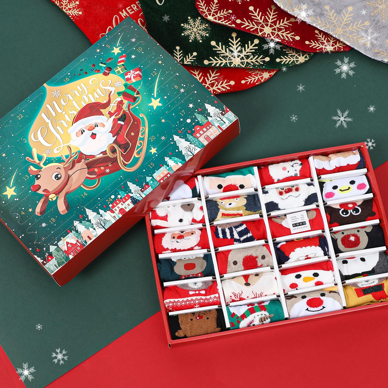 MJartoria Christmas Socks Advent Calendar 2025 Kids -24 Days of Advent Box Socks Christmas Countdown, Santa Elk Snowman Tree Pat