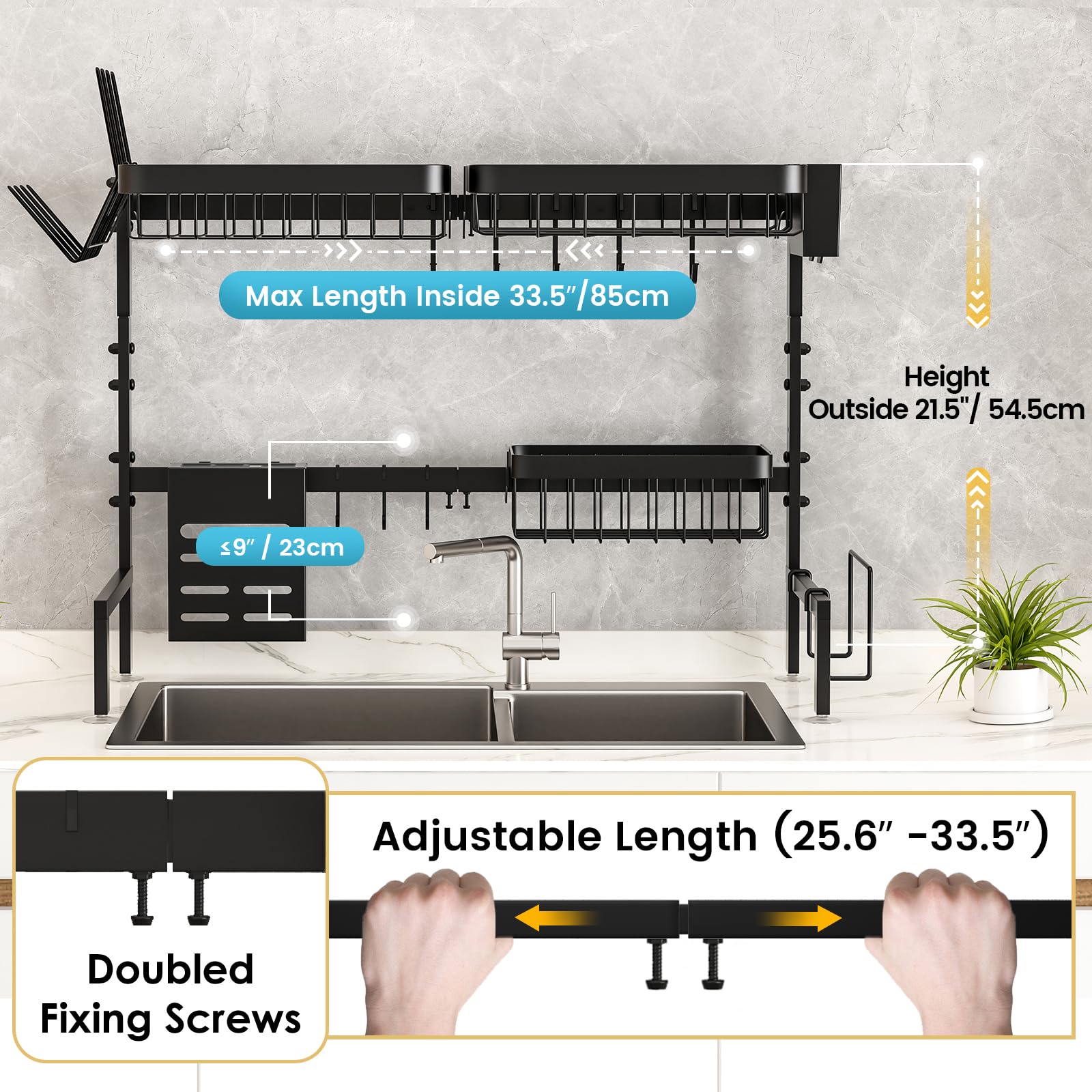 MERRYBOX Over The Sink Dish Drying Rack Adjustable Length (25-33in)  2 Tier Dish Rack Over Sink with Multiple Baskets Utensil Holder Cup Holder  Full Set Large Dish Rack for Kitchen Sink Organizer