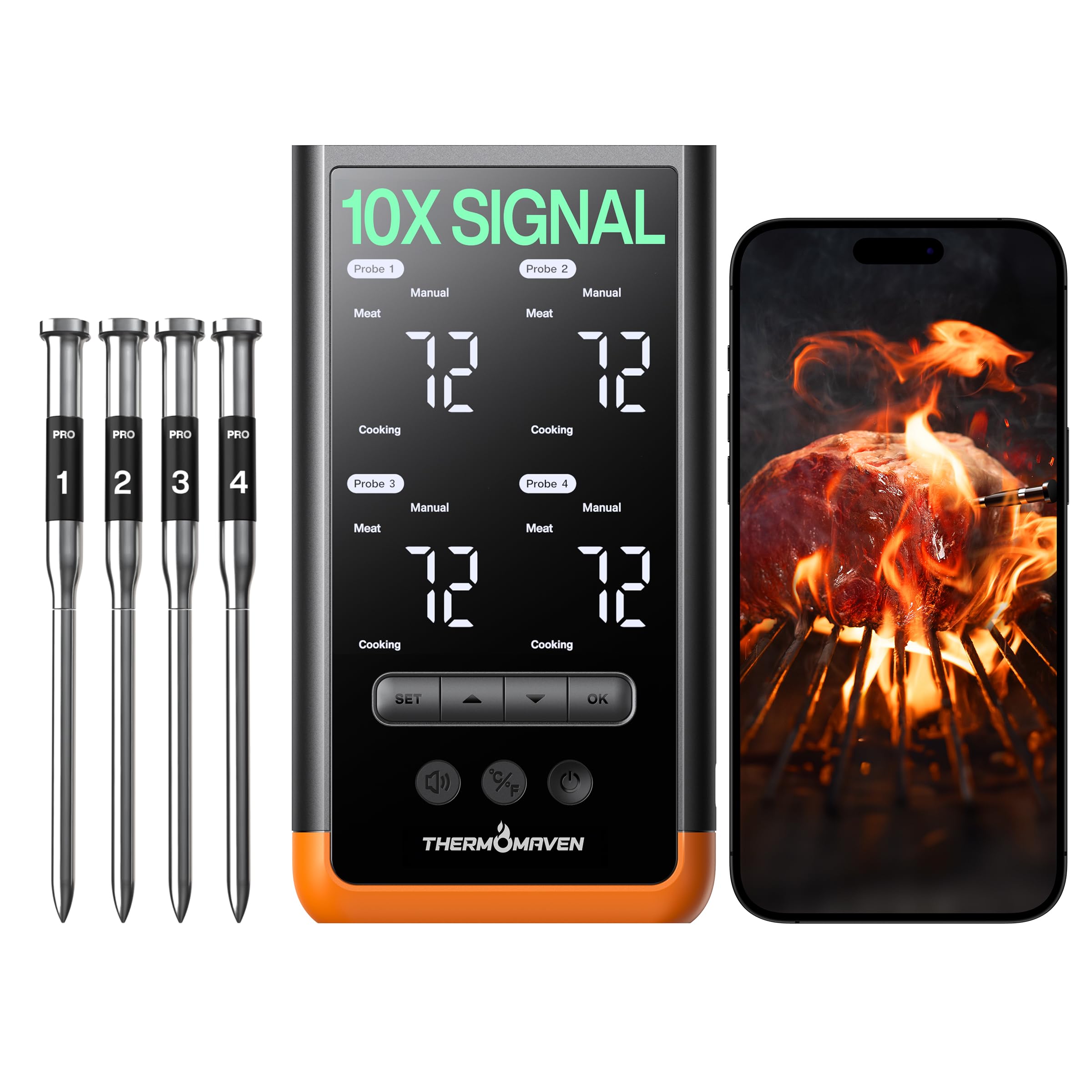 ThermoMaven Wireless Bluetooth Smart Meat Thermometer: Standalone Base, WiFi Thermometer with Sub-1G, 6 Sensors NIST Certified A