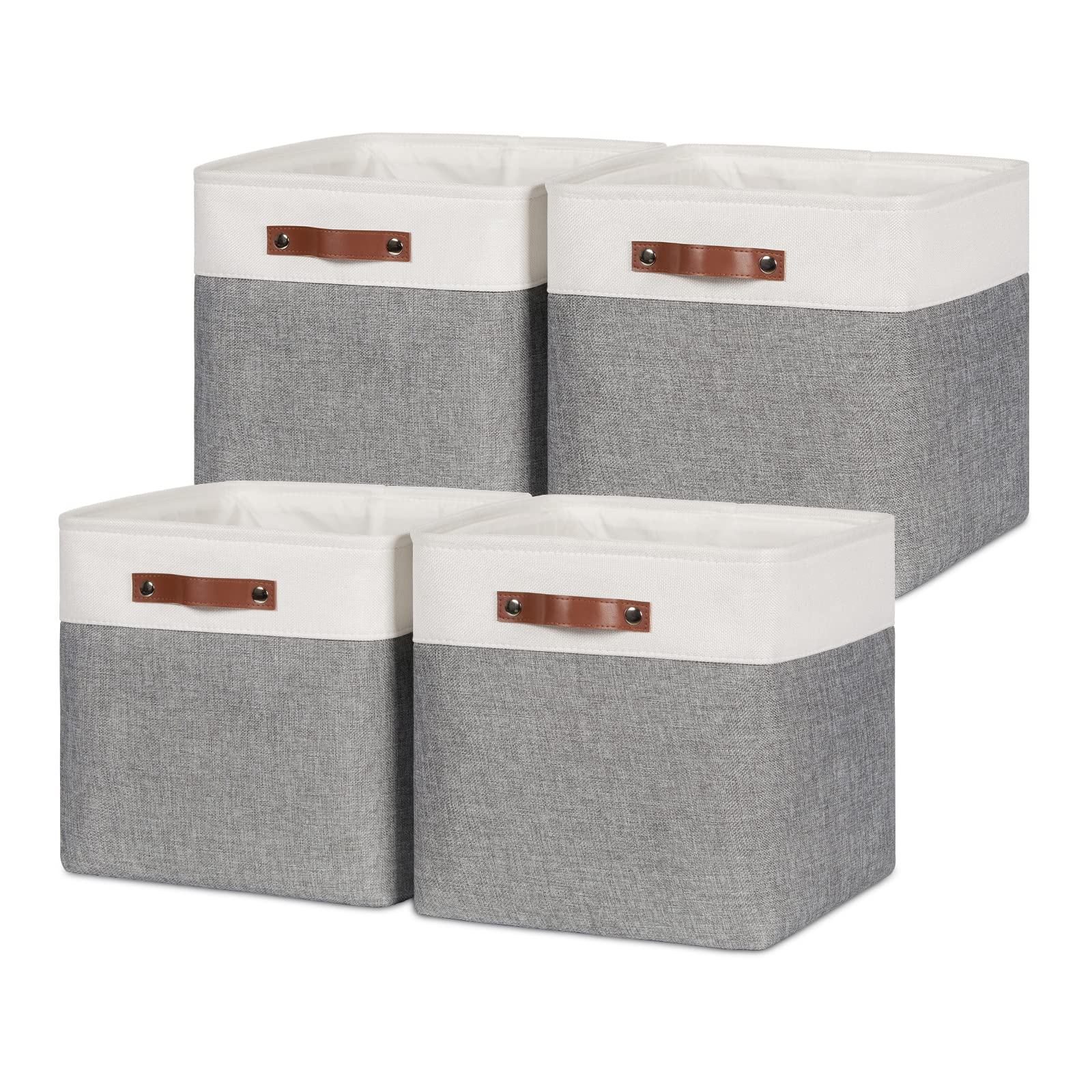 Hnzige Foldable Storage Cubes Baskets Set(4 Pack) Fabric Bins For Shelves,13 Inch Storage Basket For Organizing With Leather Han