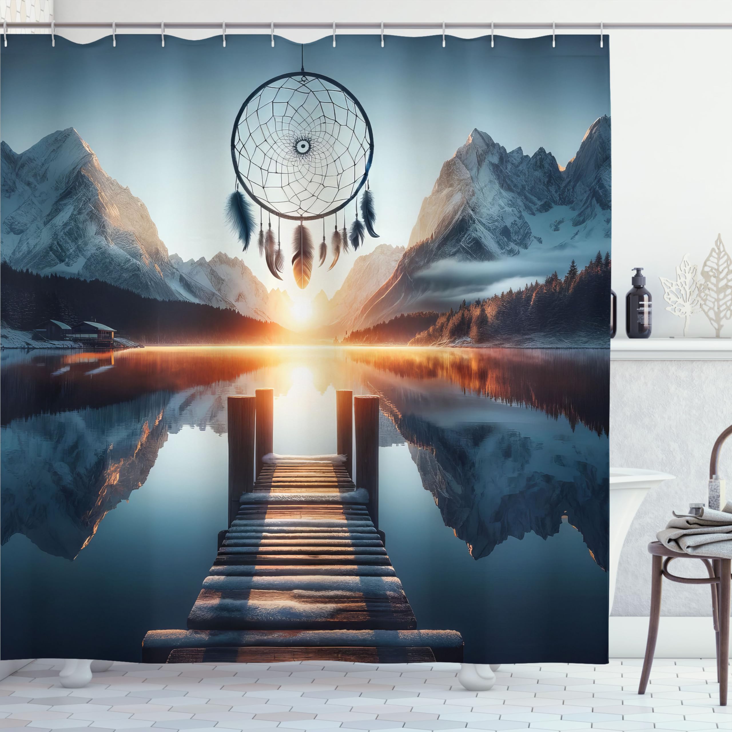 Ambesonne Lake Shower Curtain, Sunset Horizon Snowy Mountains Bohemian Dreamcatcher Peaceful View Wooden Pier, Cloth Fabric Bath