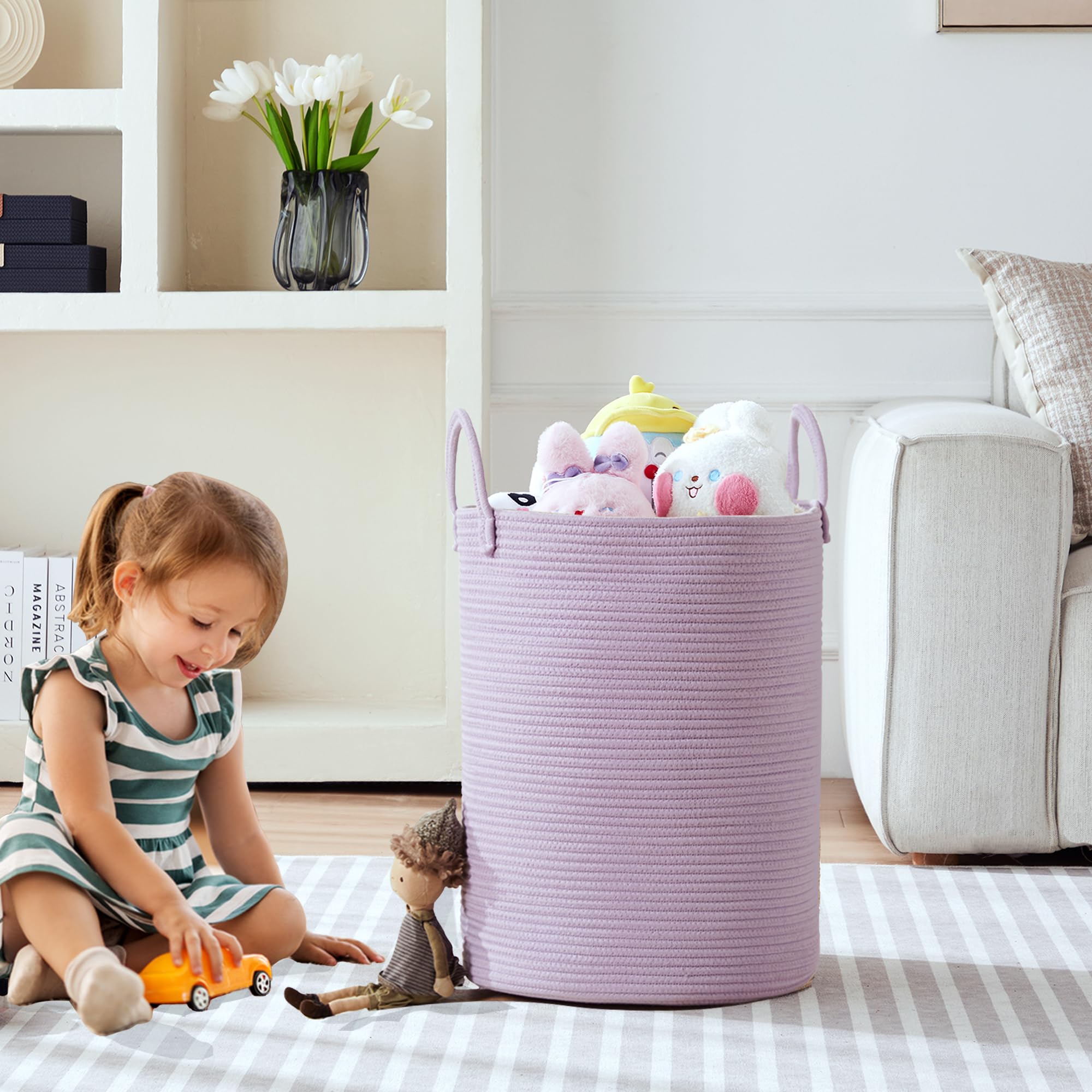 Mojoscend 60L Large Purple Laundry Basket Hamper For Clothes Storage Basket For Bedroom Living Room, 15Dx20H Inches Purple Room