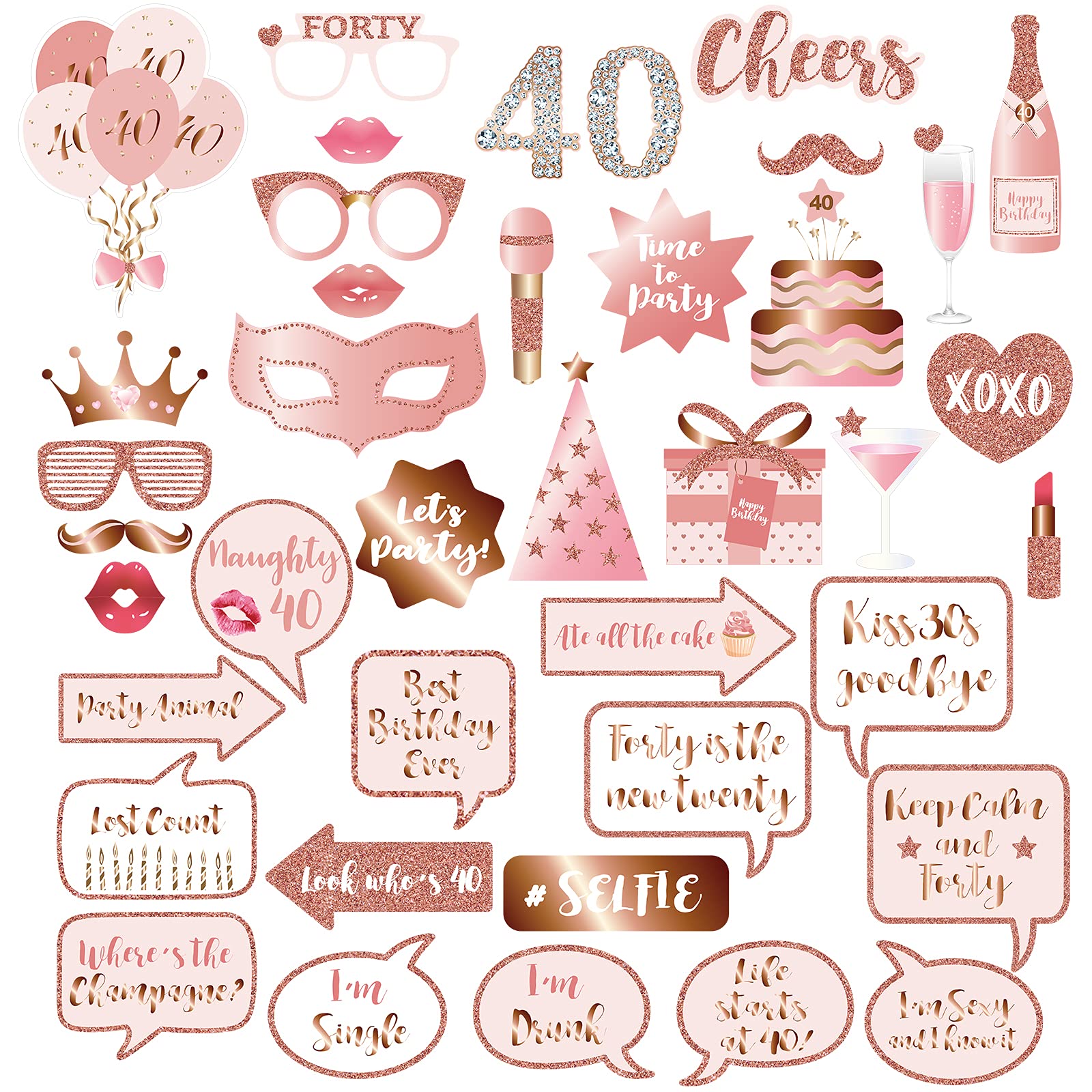 40Th Birthday Party Photo Booth Props And Signs, Rose Gold 40 Birthday Party Selfie Props Kit With Sticks For Girls Women, Forty
