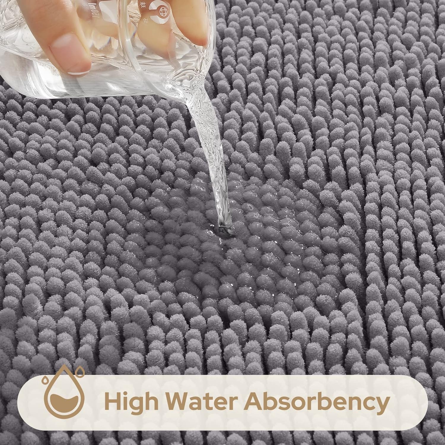 Homeideas Grey Bathroom Rugs Sets 3 Piece, Chenille Bath Rugs Soft Absorbent Non Slip Washable Bath Mats With Toilet Lid Cover,