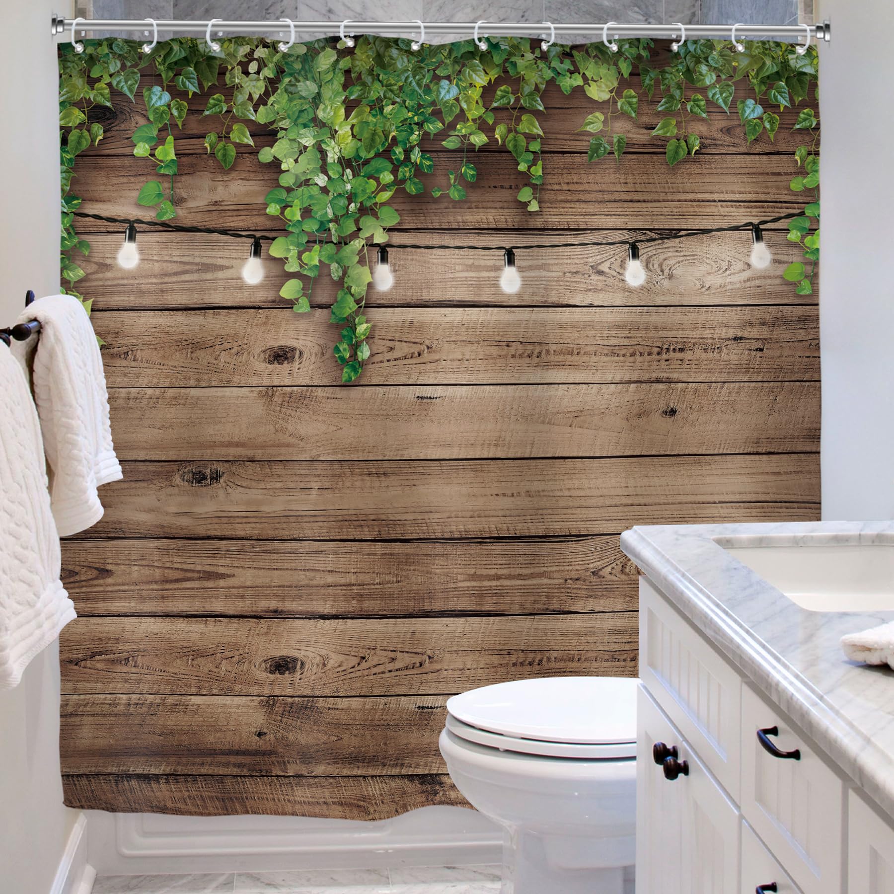 Riyidecor Extra Wide Wooden Clawfoot Tub Fabric Shower Curtain 108Wx72H Inch Rustic Wood Green Leaves 18 Pack Metal Hooks Western Farmhouse Brown Wall Board Bathroom Home Decor Waterproof Polyester