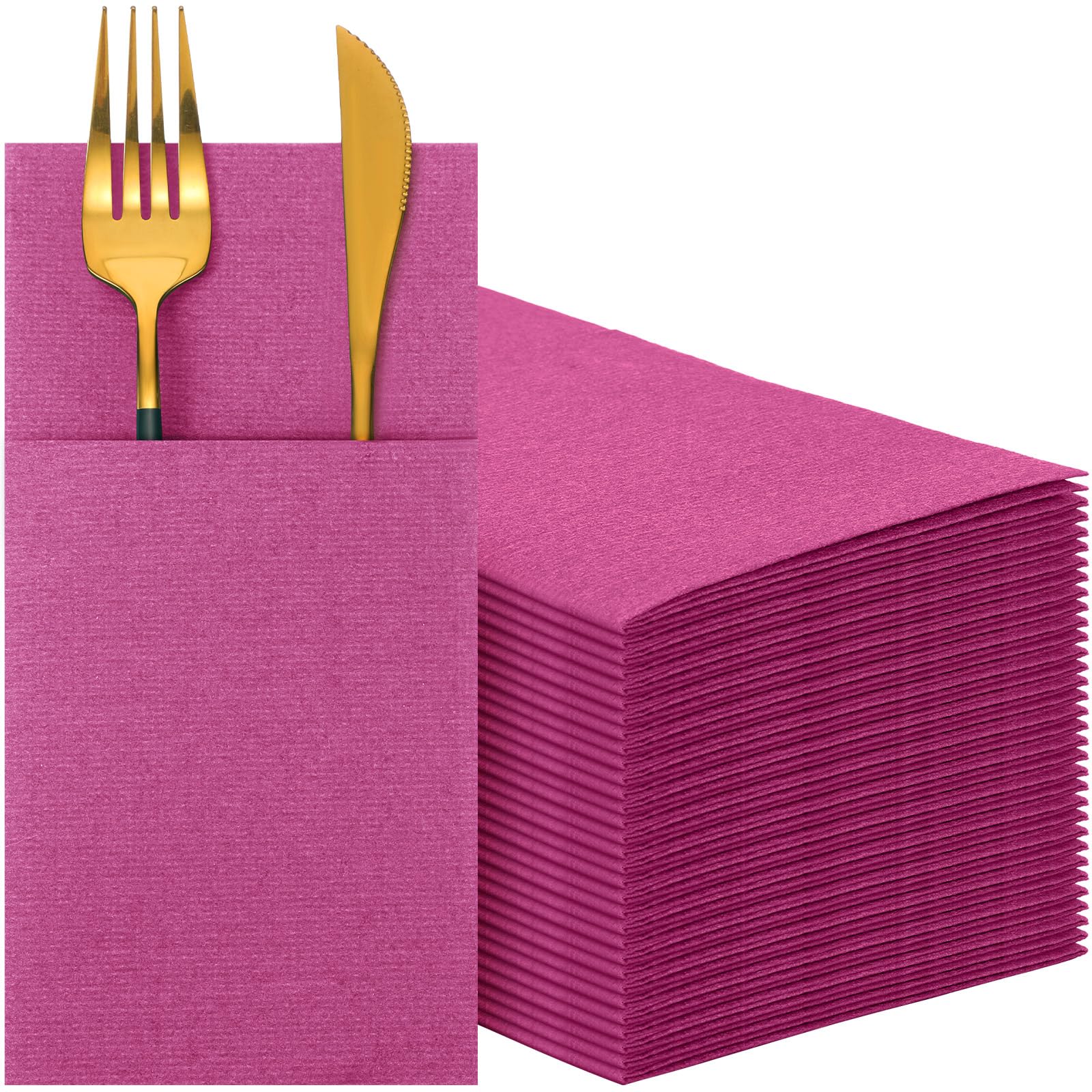 Cindeer 75 Pcs Hot Pink Linen Dinner Feel Napkins with Built in Flatware Pocket Prefolded Paper Disposable Airlaid Guest Hand To
