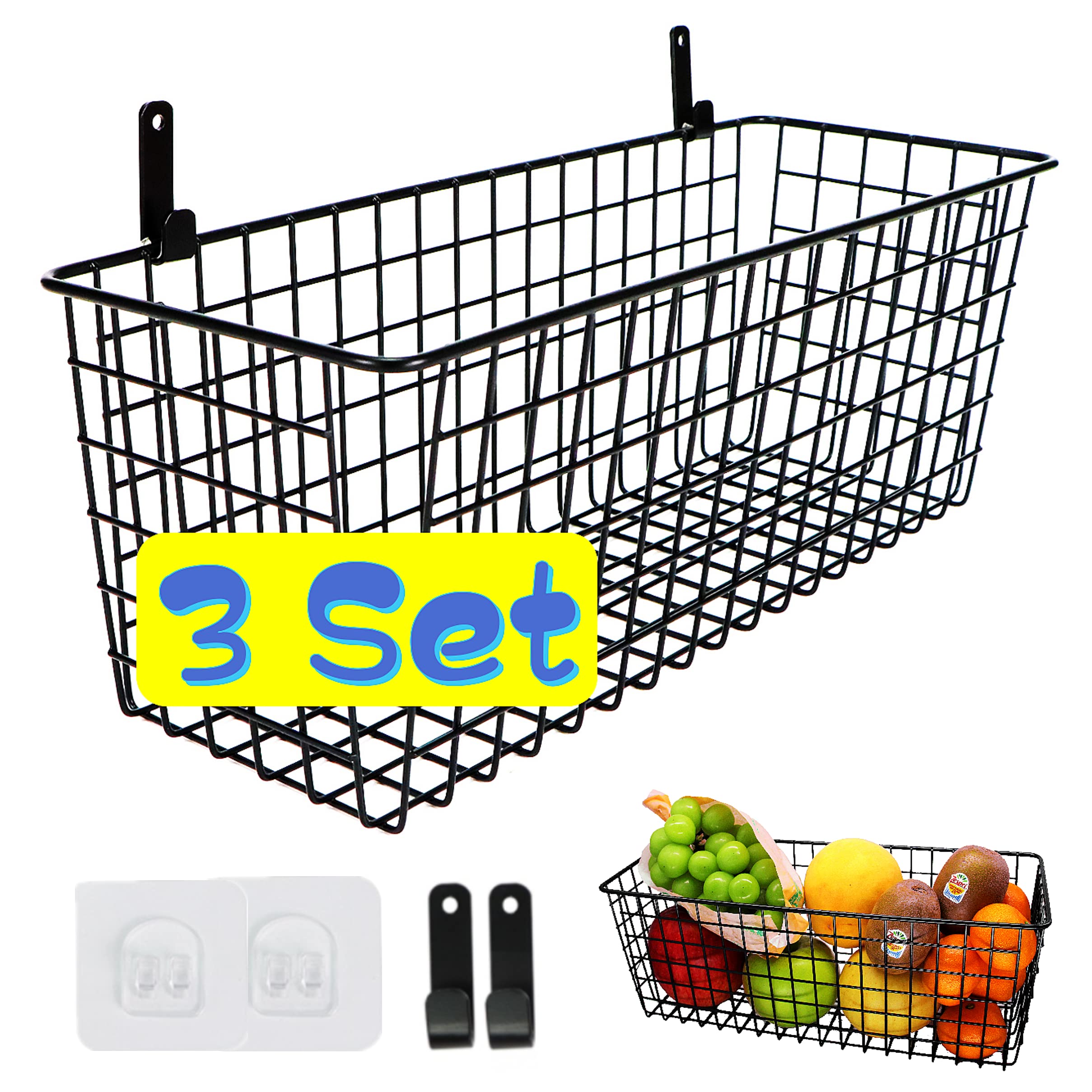 3 Set [Extra Large]Hanging Wall Wire Baskets, Farmhouse Food Storage Kitchen Pantry Laundry Closet Garage Rv,Black