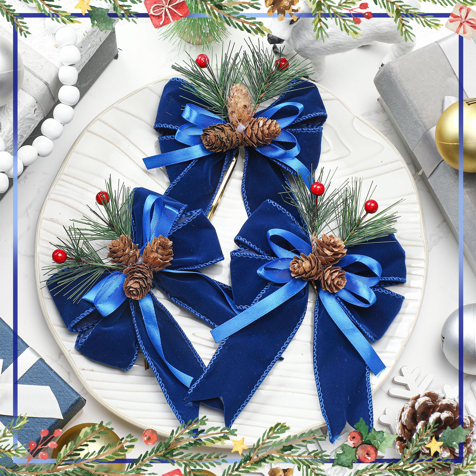 Syhood 6 Pcs Christmas Bows with Pine Cones Pine Needles Xmas Blue Velvet Bows Blue Velvet Ribbon Christmas Tree Wreath Decorati