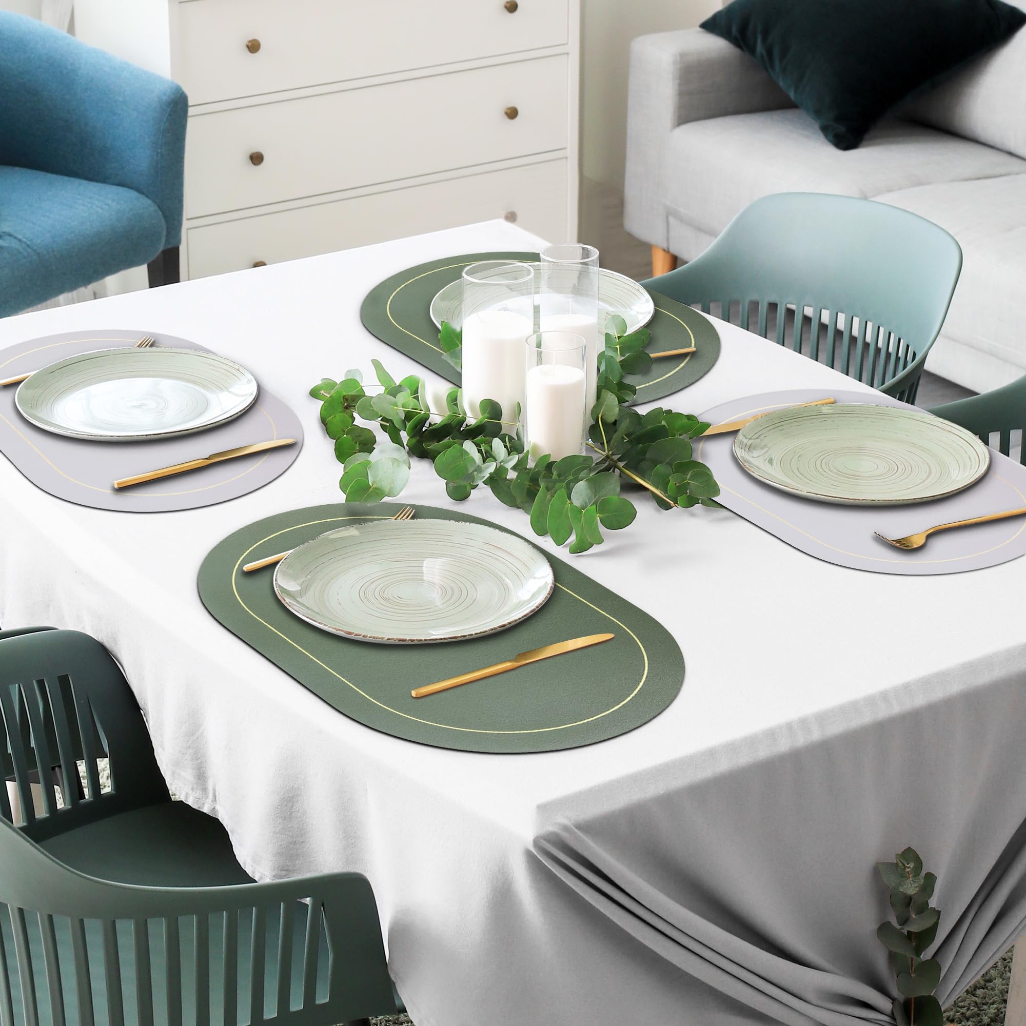 Fanquare Oval Placemats And Small Round Coasters Set Of 12 Faux Leather Placemats And Coasters Waterproof Double-Sided Color Din