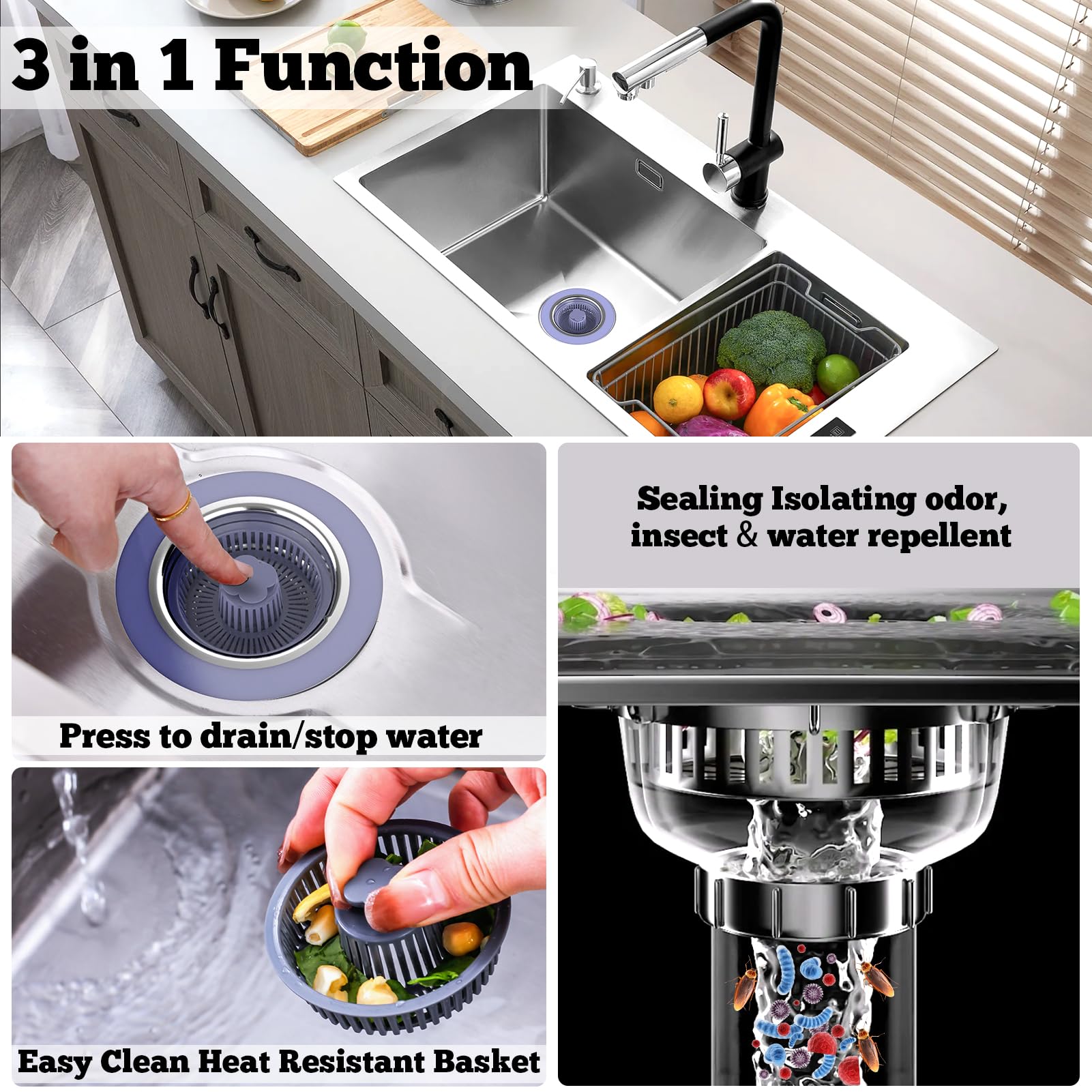 Enjoycrafts 3 In 1 Kitchen Sink Drain Strainer Stopper, Brushed Stainless Steel Sus 304 Pop Up Sink Drain Stopper For Standard 3