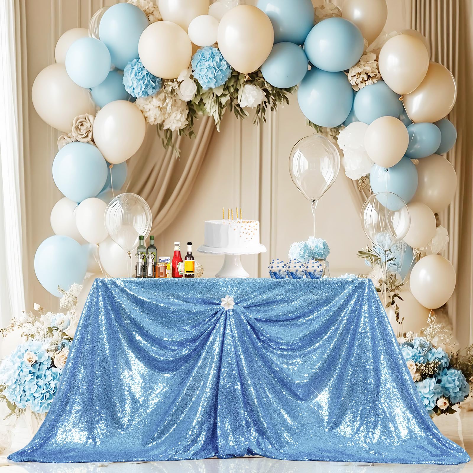 PartyDelight Sequin Tablecloth Baby Blue 50x80 Rectangular Table Cloth for Wedding Sweetheart Christmas Other Events