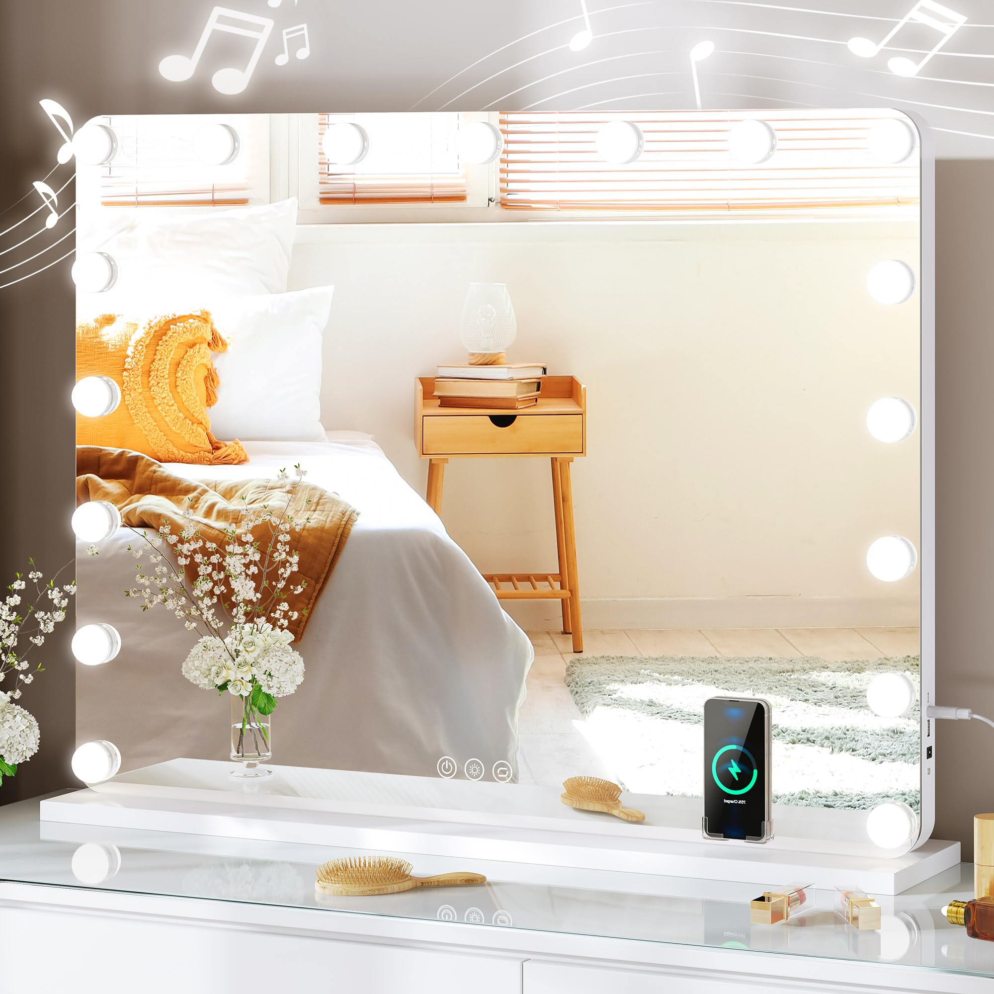 Yitahome Vanity Mirror With Lights And Bluetooth Speaker & Wireless Charger, 32''X24'' Led Makeup Mirror, Lighted Makeup Mirror