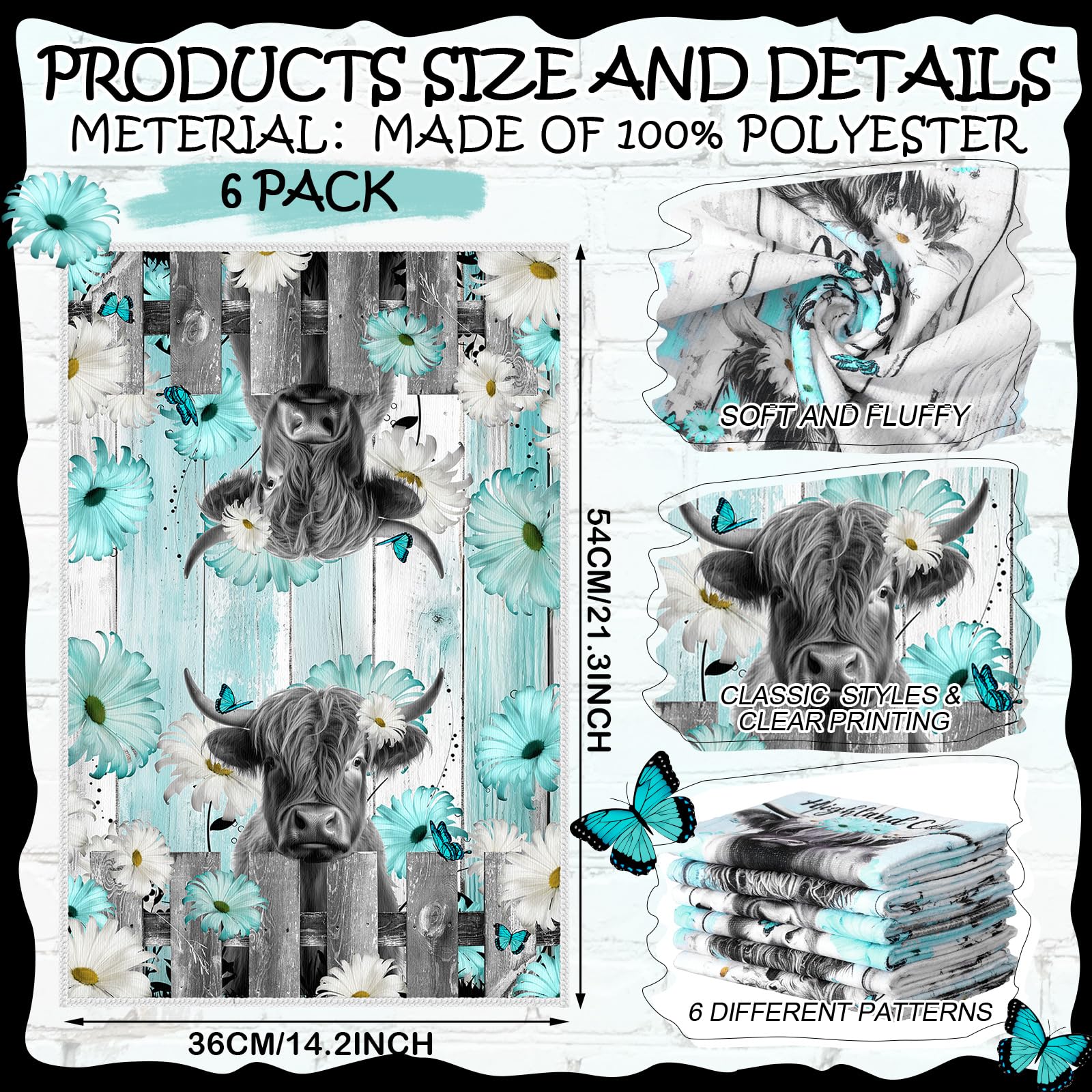 Breling Set of 6 Highland Cattle Kitchen Towels Highland Cow Vintage Themed Dish Towel Bathroom Decorative Rustic Cloths for Kit