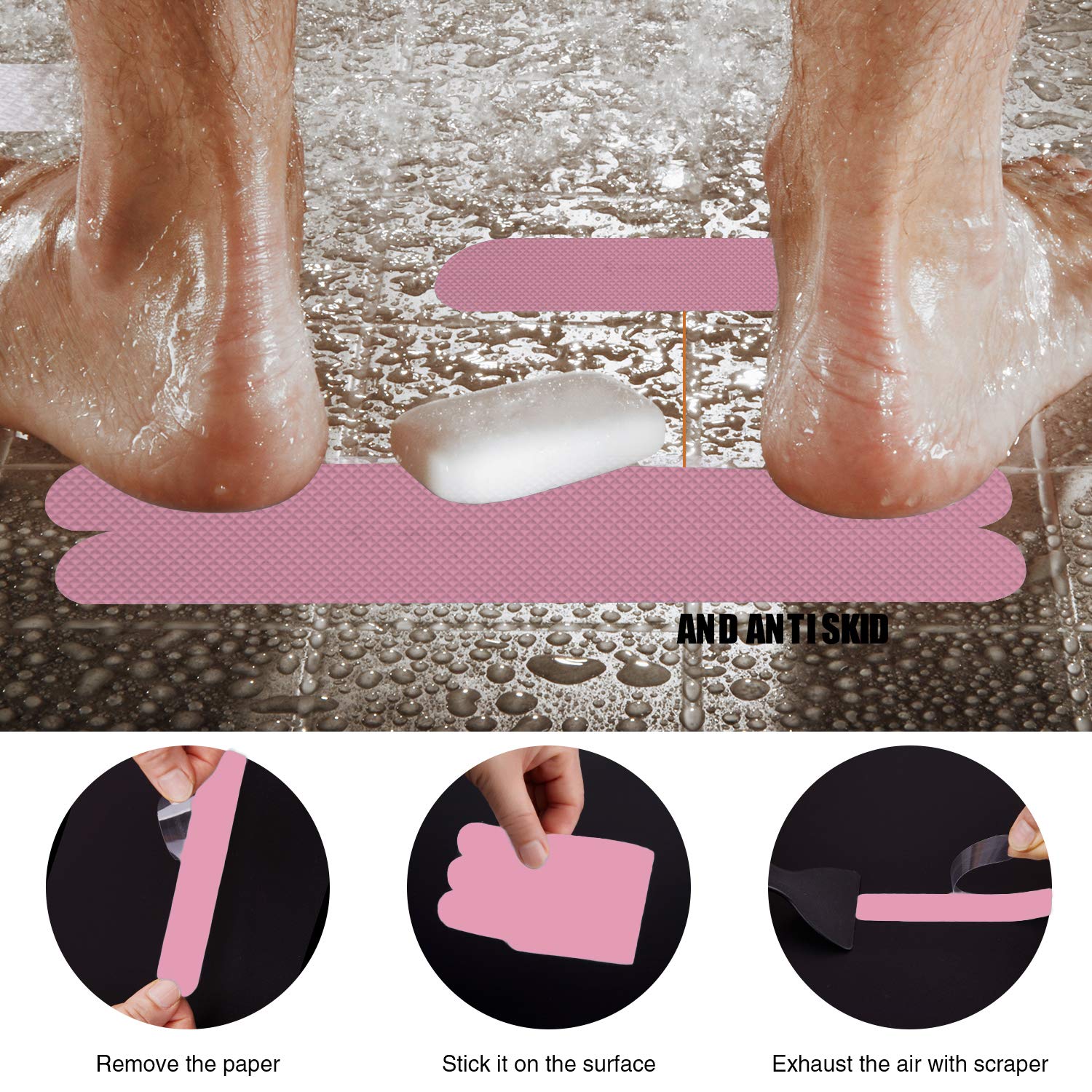Secopad Non-Slip Bathtub Stickers Safety Bathroom Tubs Showers Treads Adhesive Decals Scraper (Pink)