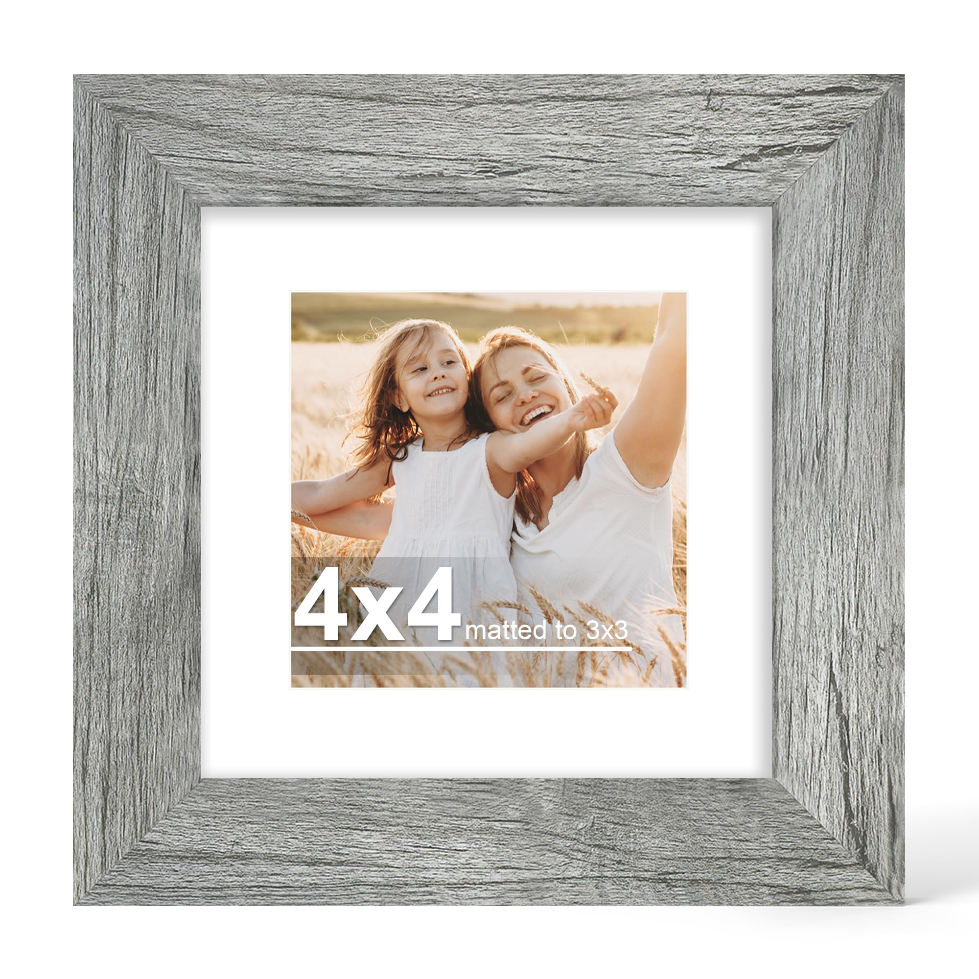 Hongkee 4x4 Picture Frame with Glass, Display Pictures 3x3 with Mat or 4 x 4 without Mat - Wall and Tabletop, 4 by 4 Photo Woode
