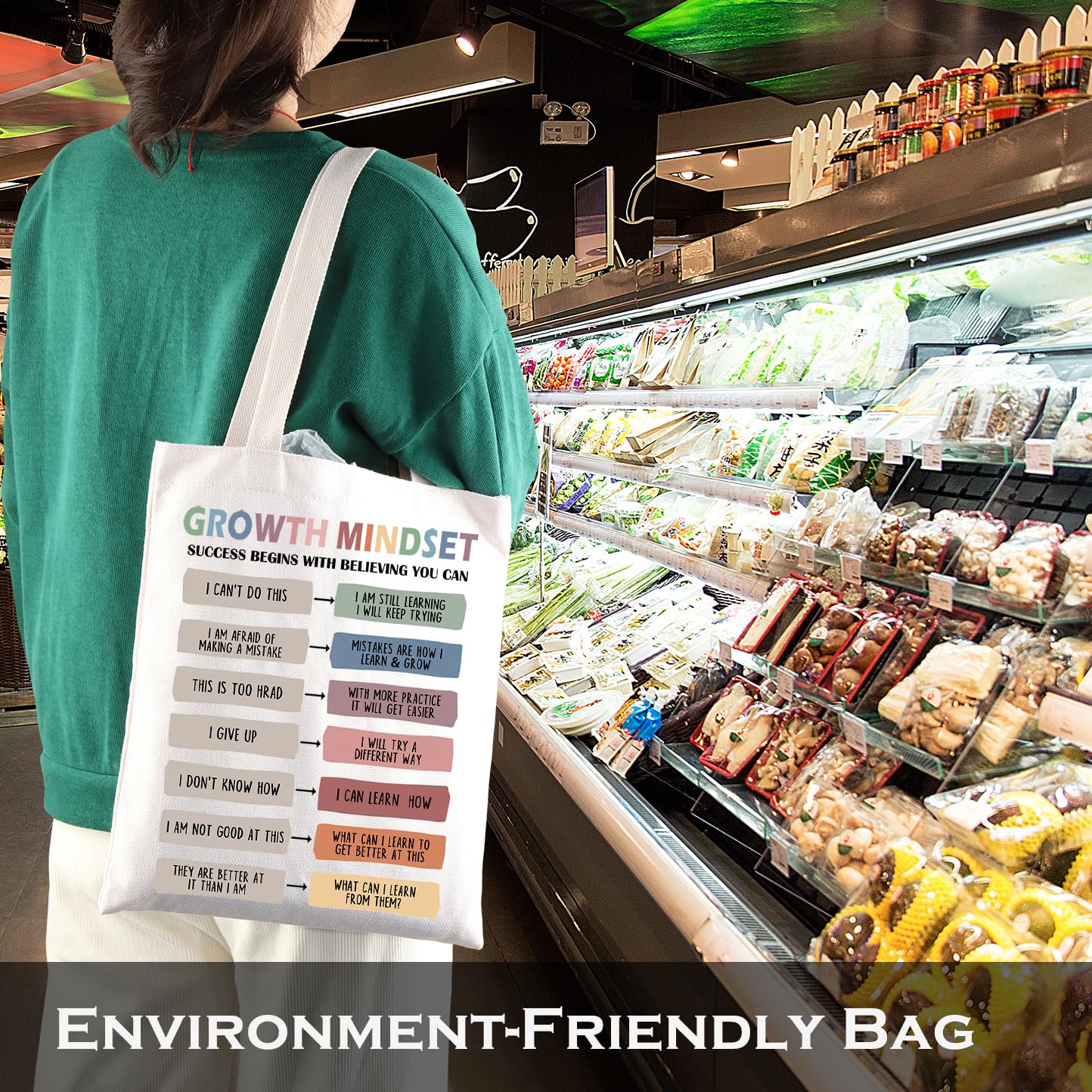 Levlo Mental Health Inspired Gift Growth Mindset Shopping Bag Teacher Educational Christmas Birthday Shoulder Bag (Growth Mindse