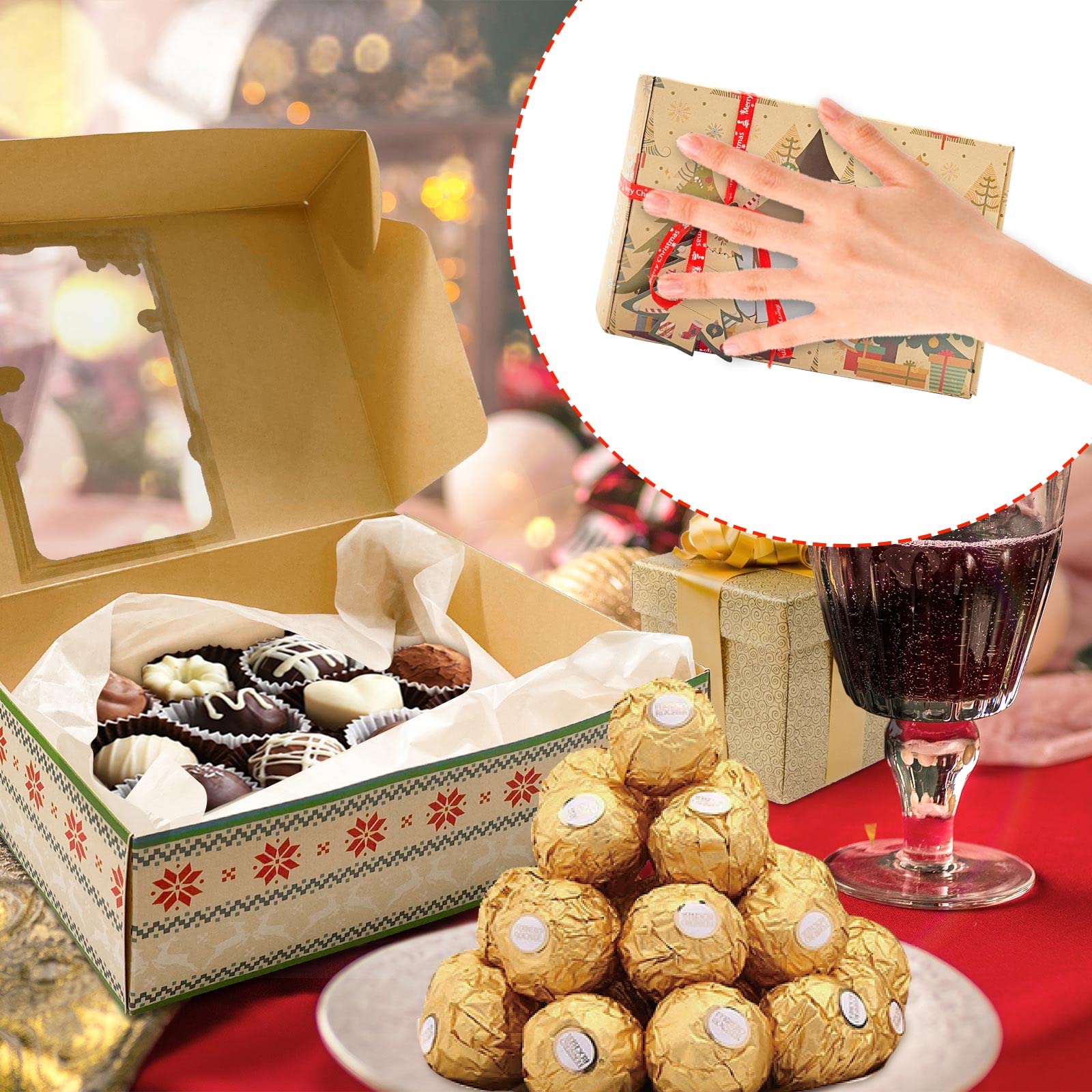 12 Packs Christmas Cookie Boxes With Window,Bakery Treat Boxes Gift Baking Box Christmas Kraft Gift Boxes With Ribbons And Diy G