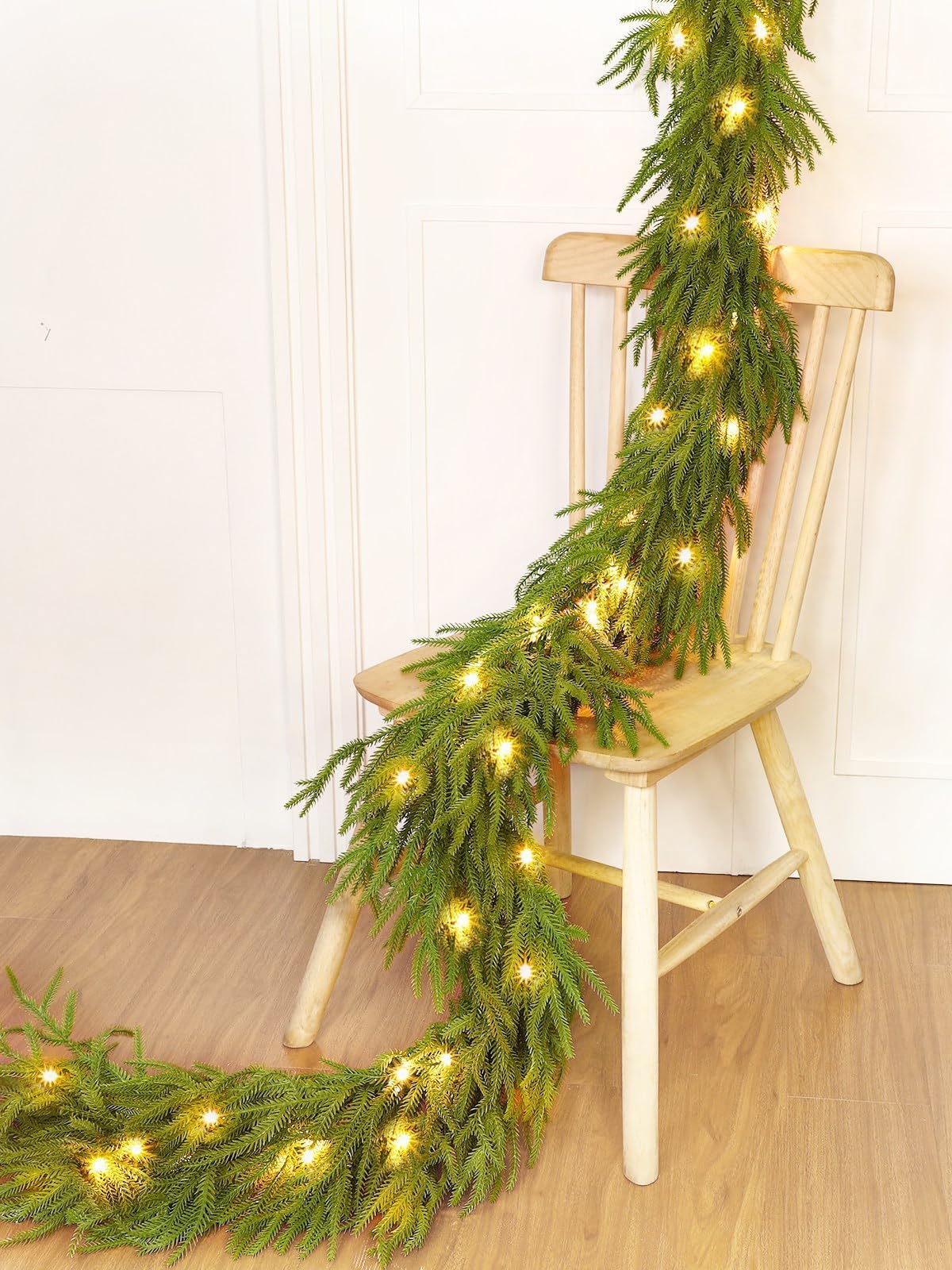Prelit & Timer - 9 Ft by 10 Inch Christmas Garland with Lights, Real Touch Norfolk Pine Garland 180 Branches Tips Cedar Garlands