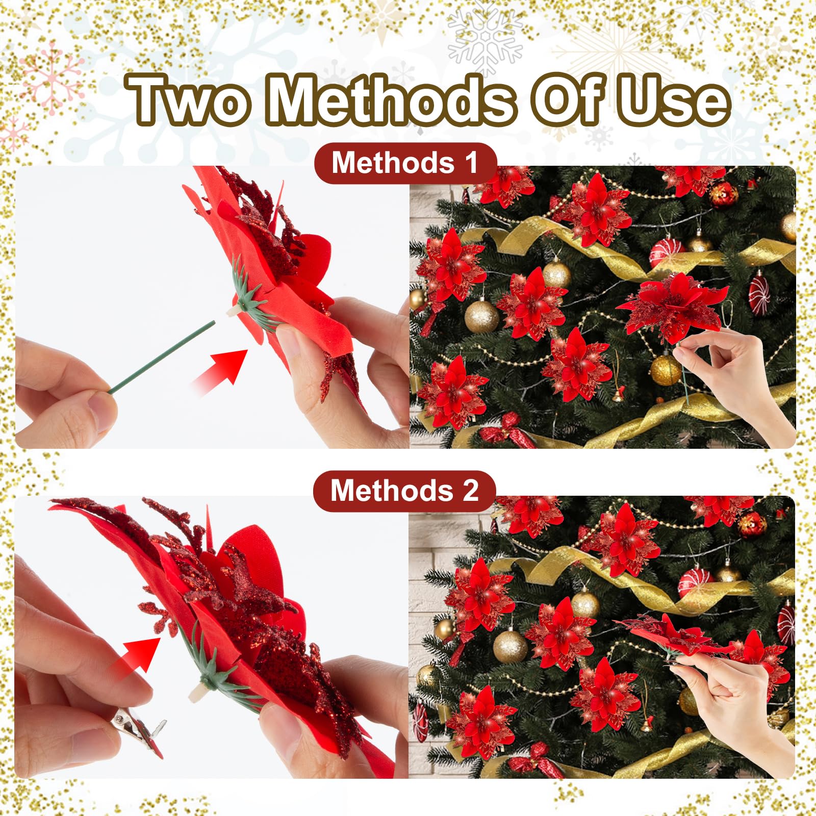 Cliselda 30Pcs Red Poinsettias Artificial Christmas Flowers with Clips, 5.5 Glitter Artificial Flower Poinsettia Decorations Chr