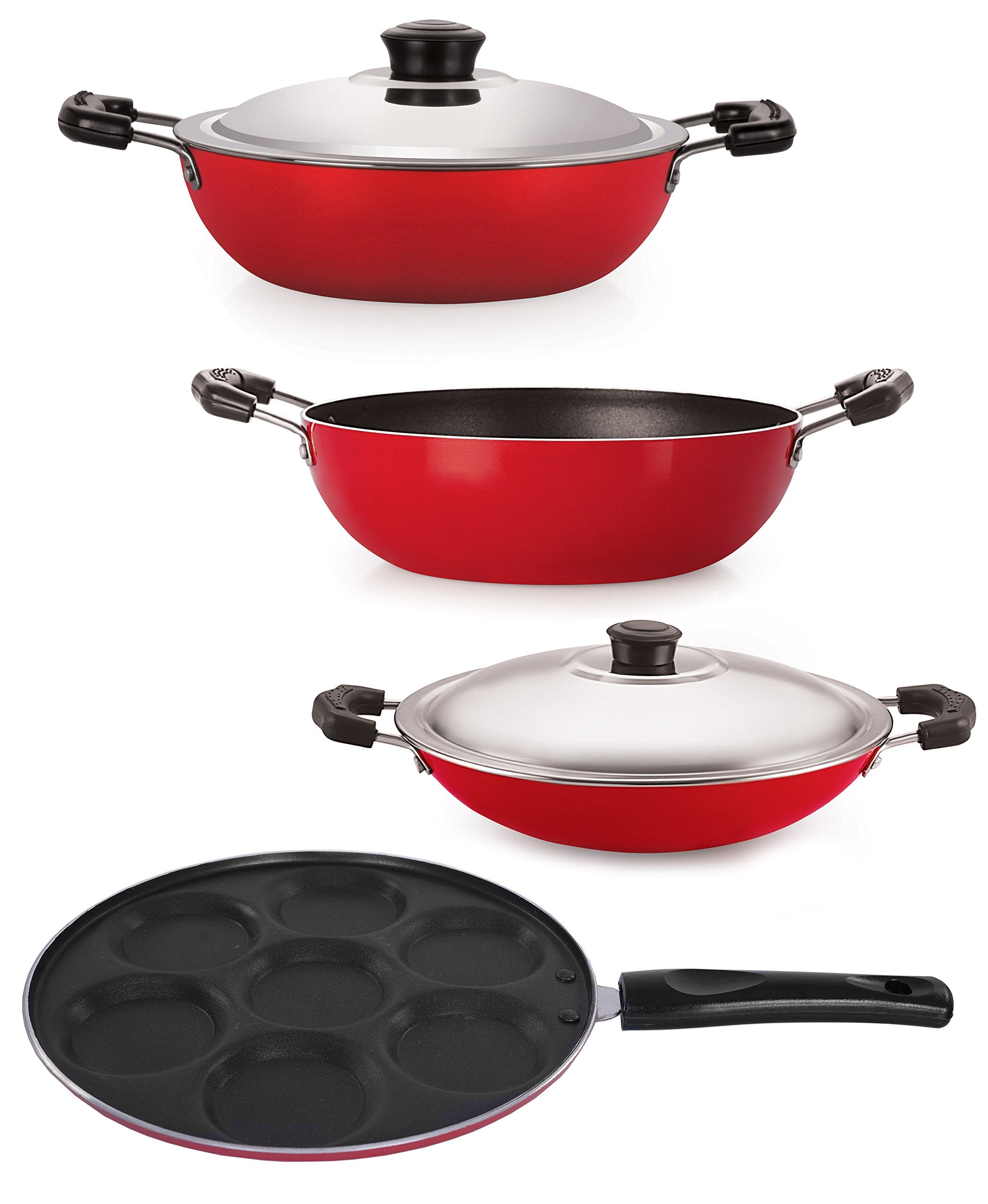 Nirlon NonStick Aluminium Cookware Set, 4Pieces, Red (26_Kd13_Dkdm_Ch_Up)