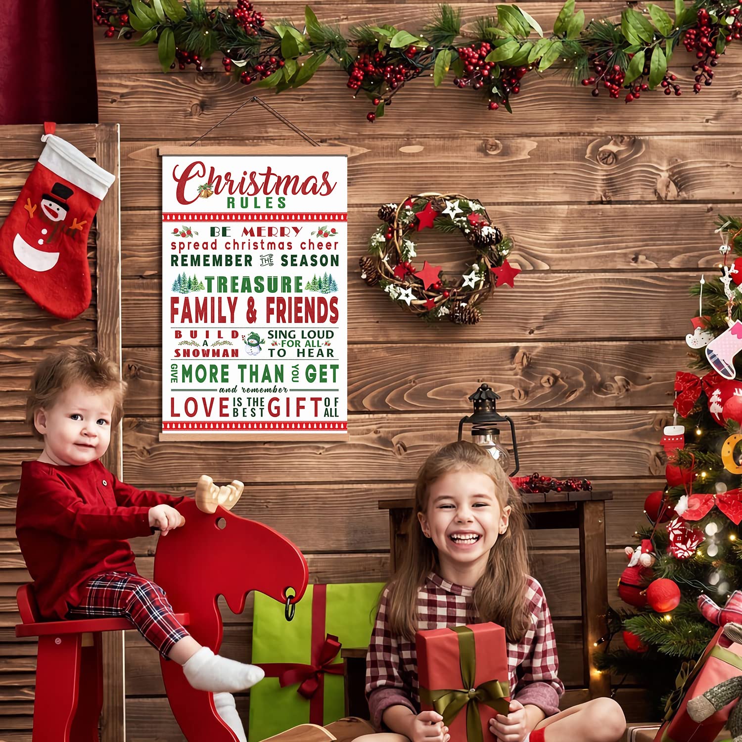 Kairne Merry Christmas Wall Art With Wood Magnetic Hanger Frame(35X56Cm),Colorful Christmas Signs Decor Festive Picture Hanging