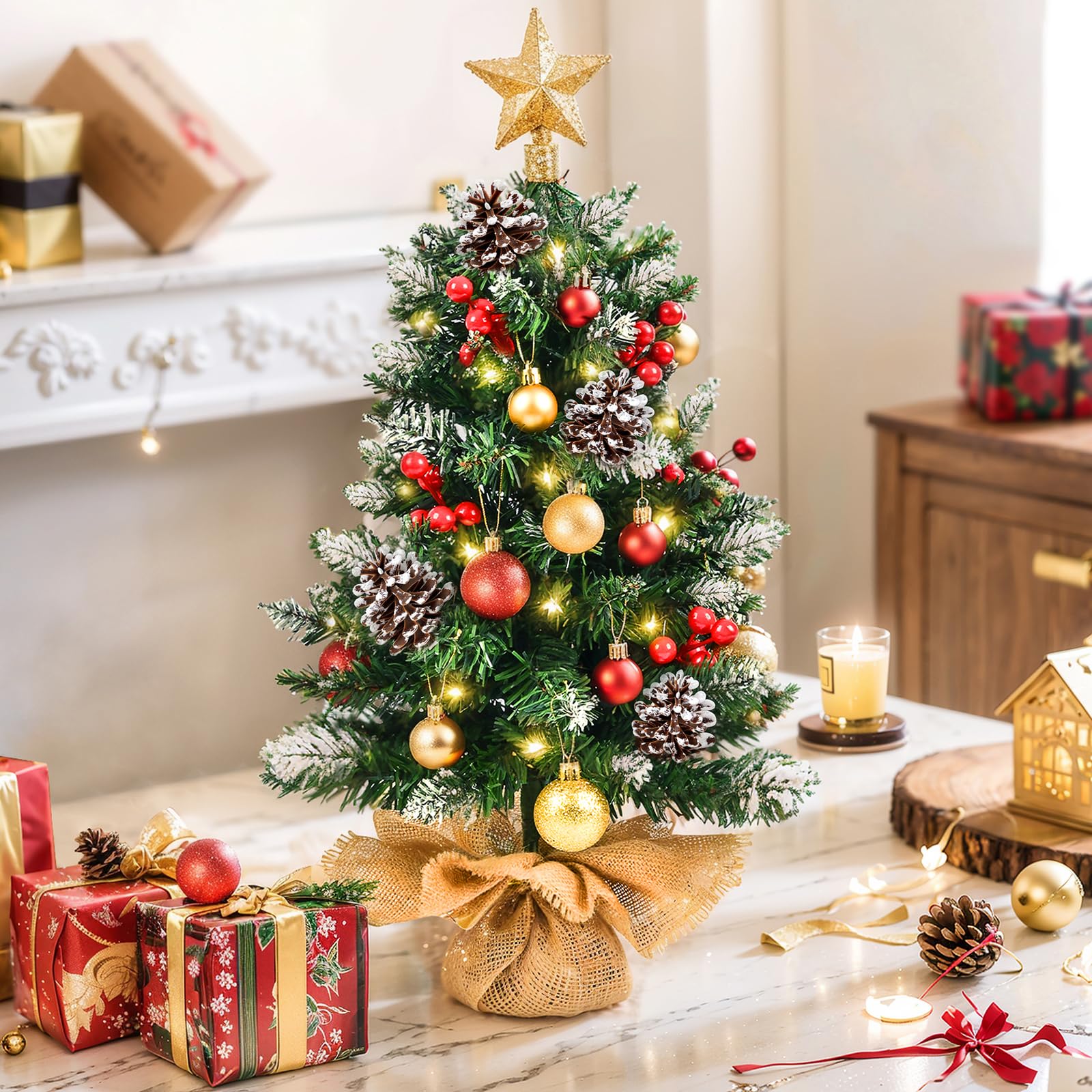 Mini Christmas Tree with Lights, 24 Inch Tabletop Christmas Tree with Berries Star Treetop Ornaments Balls Artificial Small XMS 