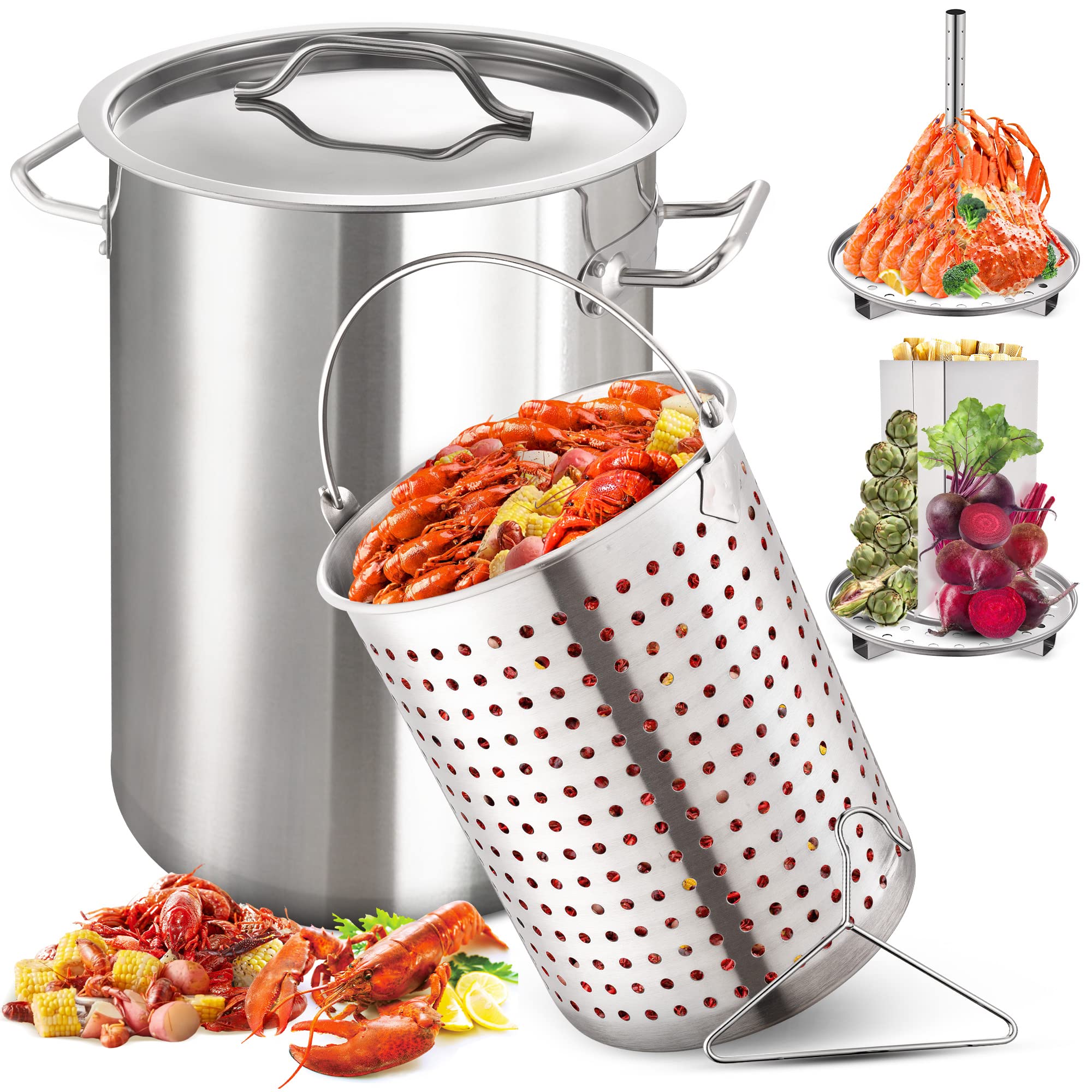 Arc 32Qt Stainless Steel Stockpot For Seafood Crawfish Crab Boil Turkey Fryer Pot With Basket Divider And Hook, Crab Lobster Shr