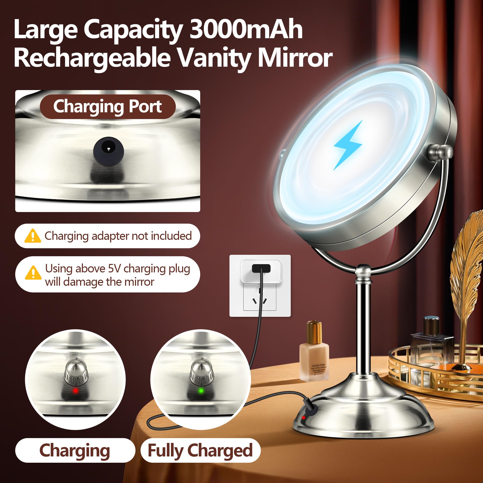 20X Large Lighted Makeup Mirror, Rechargeable 8.6'' Magnifying Makeup Mirror, 30-Minute Timer,3 Color Modes, Adjustable Brightne