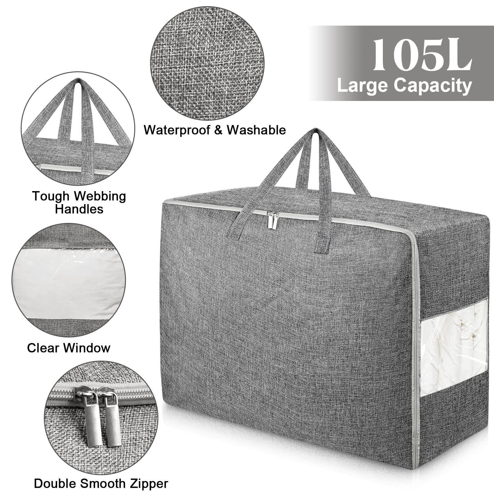 105L Extra Large Storage Bags, Folding Moving Comforter Blanket Storage Bags Closet Organizers and Storage Containers for Clothe