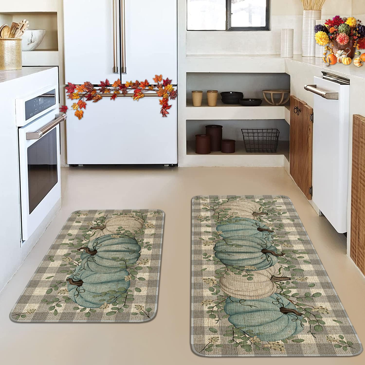 HSOWKDN Fall Kitchen Mats Set of 2,Fall Kitchen Decor Pumpkin Mat for Floor Thanksgiving Rugs Decorations, Non Slip Washable Rug