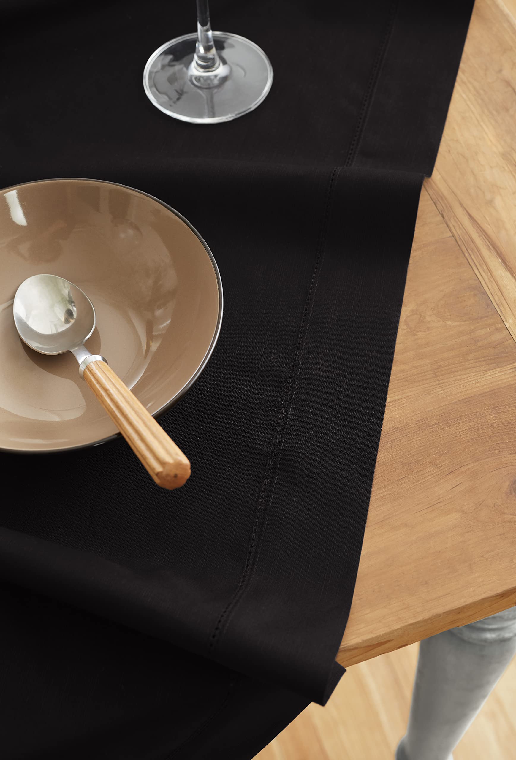 Solino Home Black Tablecloth - Cotton Linen Hemstitch Tablecloth 52 X 52 Inch - Machine Washable Square Table Throw For Fall, Ha