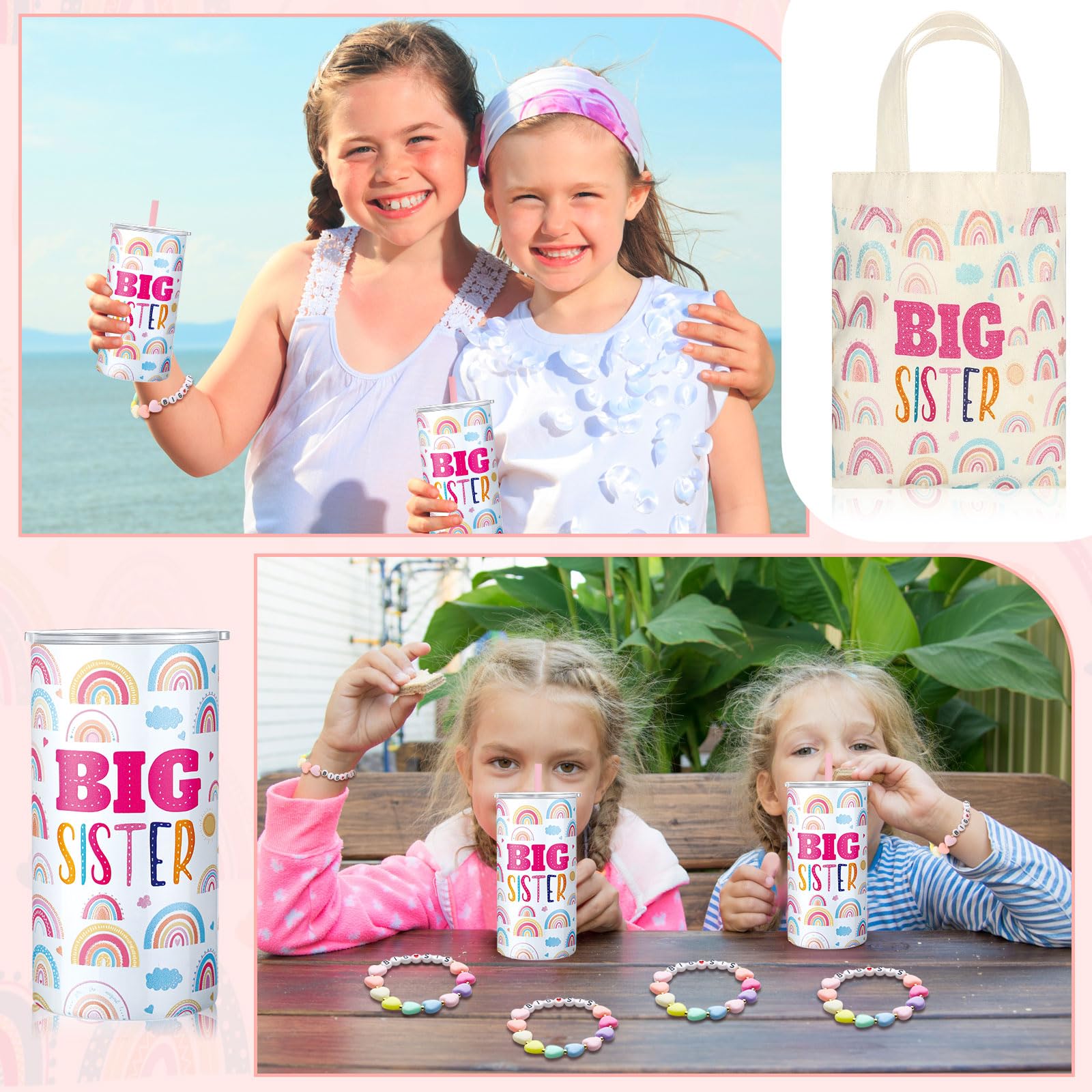 3 Pcs Christmas Big Sister Gift for Girls Gift 12 oz Pink Big Sister Cup Stainless Steel Mug Vacuum Insulated Tumbler with Leakp