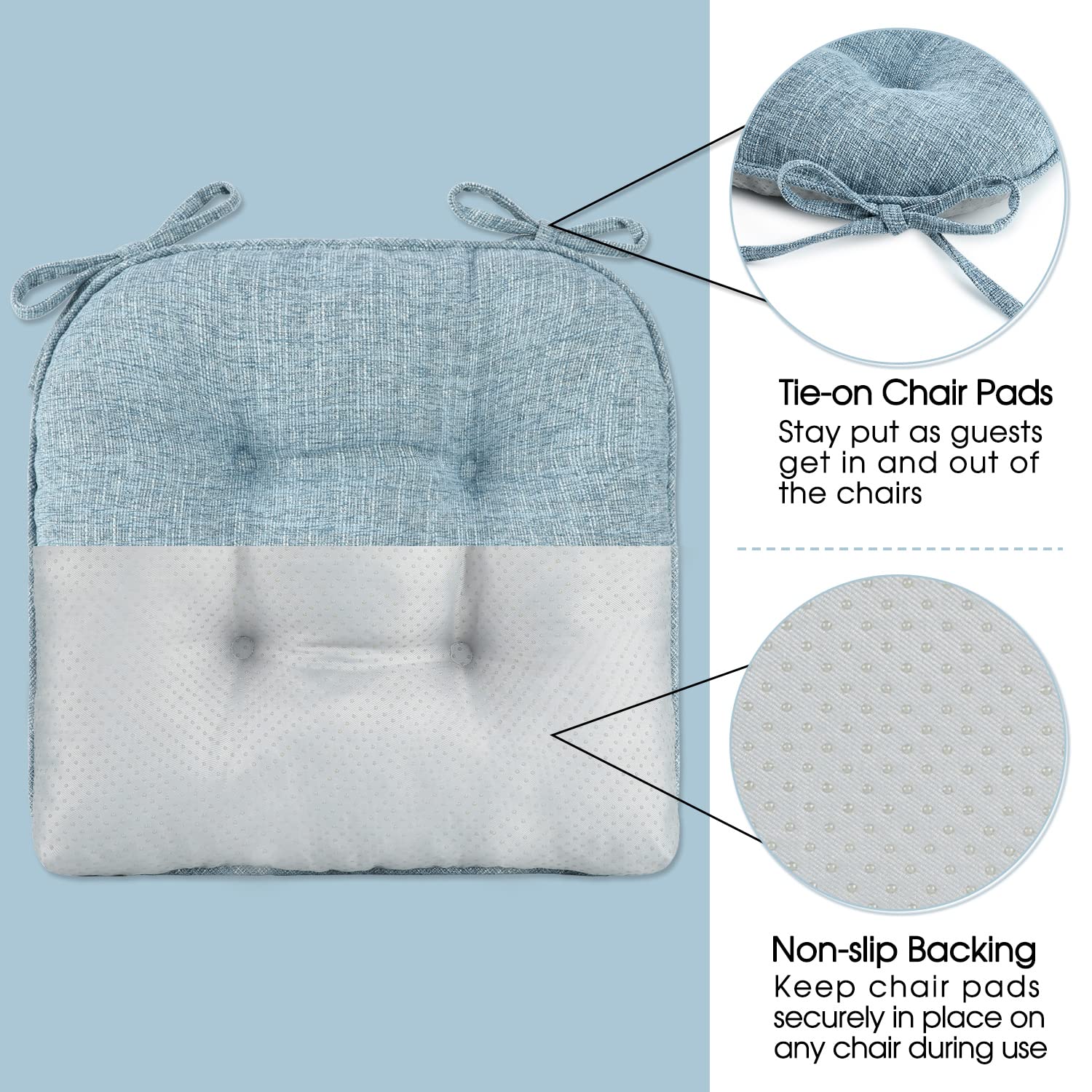 Basic Beyond Chair Cushions for Dining Chairs 4 Pack  Memory Foam Chair Cushion with Ties and Non Slip Backing  15.5 x 15.5 inches Tufted Chair Pads for Dining Chairs(Baby Blue)