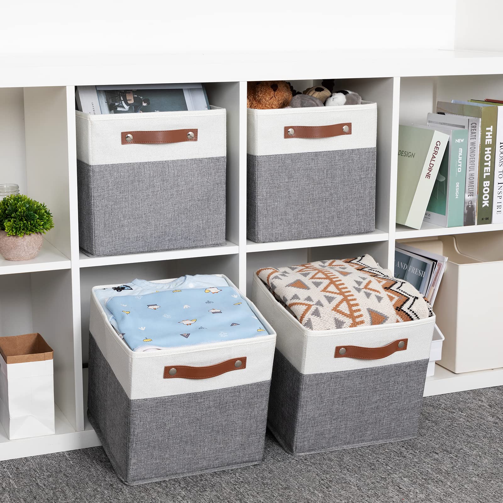 HNZIGE Fabric Cube Storage Bins Baskets 11x11 Cube Storage Bins  Set of 4  Foldable Storage Cube Bin Baskets for Shelves with Handles  Bins for Cube Organizer Home Toy Nursery Closet(White Gray)