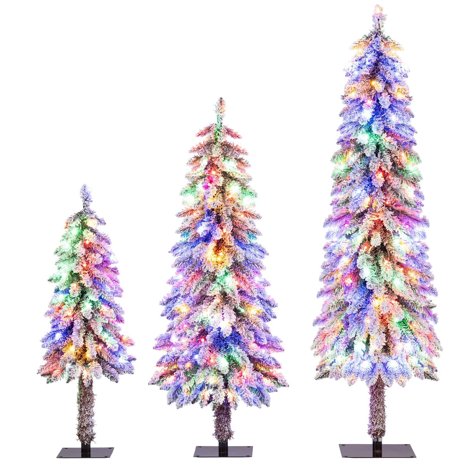 Goplus 3 4 5 Pre-Lit Snow Flocked Christmas Tree Set of 3, Slim Pencil Artificial Xmas Trees with 300 Multicolored LED Lights