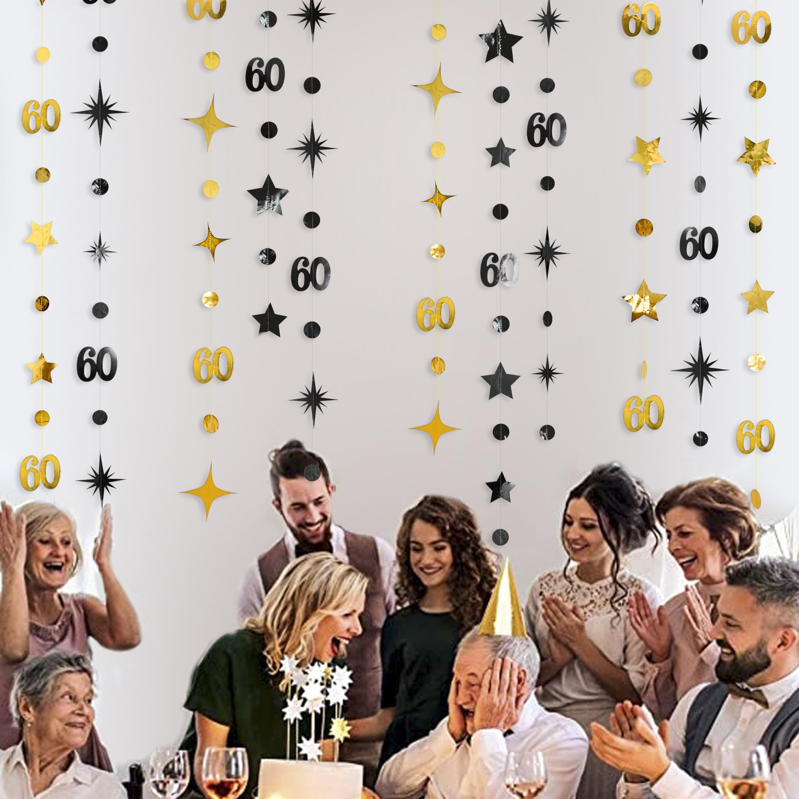 Black Gold 60Th Birthday Decorations Number 60 Circle Dot Twinkle Star Garland Metallic Streamer Bunting Banner Backdrop For Men