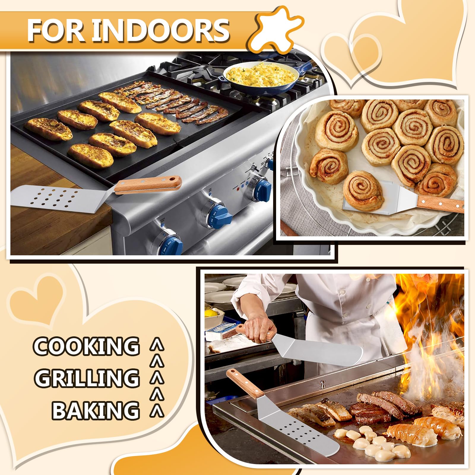 Hasteel Metal Spatula Set Of 4, Stainless Steel Griddle Spatula Tools Set With Wooden Riveted Handle, Professional Griddle Acces