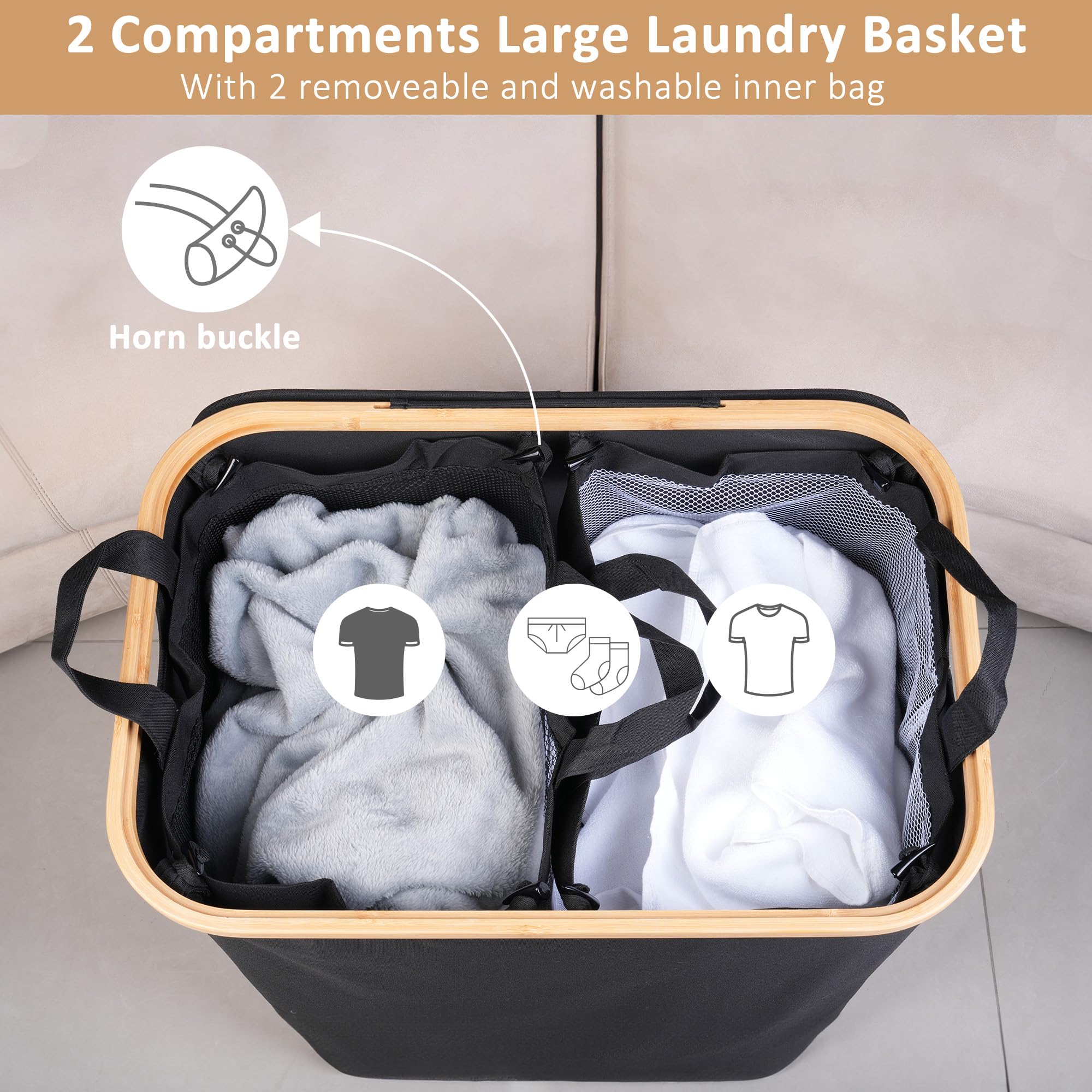 Iegrow 150L Laundry Basket With Lid,Large Laundry Hamper With Bamboo Handles, Hampers For Laundry, Dirty Clothes Hamper With 2 R