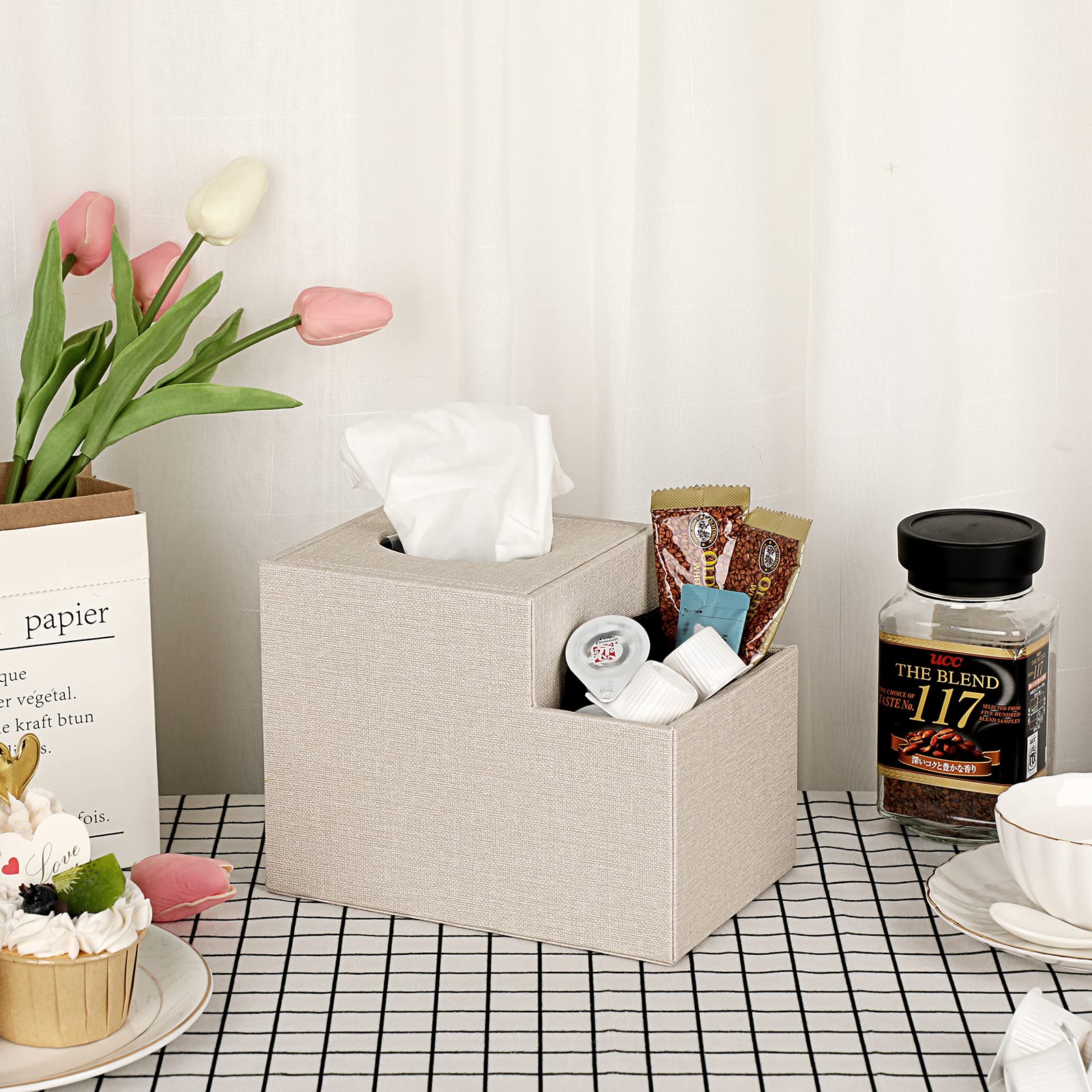 Sumnacon Square Leather Tissue Box Cover - Cube Holder With Side Organizer, Decorative Pu Tissue Box For Living Room Vanity Nigh